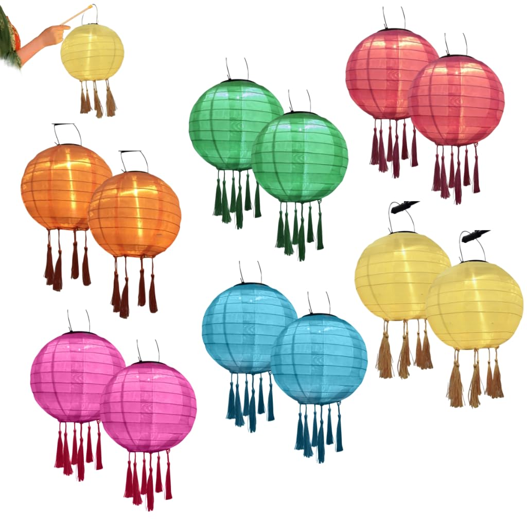Faroles solares de 12 pulgadas, 12 unidades, luz LED decorativa de jardín, farol de papel redondo con borlas para fiestas nocturnas, celebraciones familiares