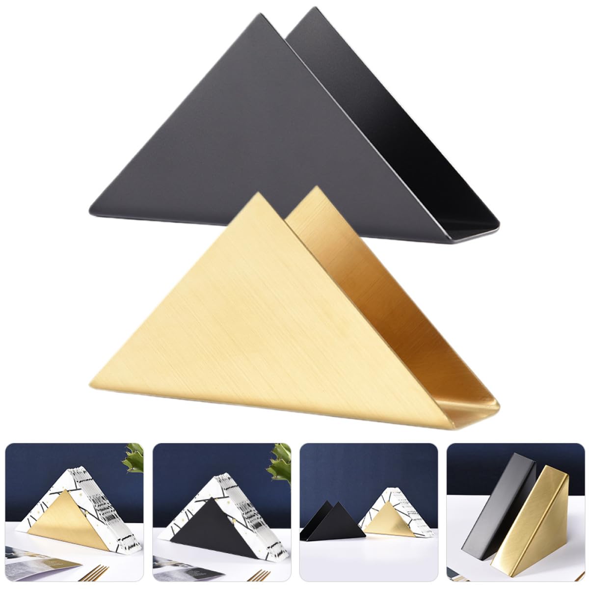 Servilleteros de Mesa de Acero Inoxidable 2 Unidades, Soporte Triangular Metálico Negro y Dorado, para Cocina, Restaurante y Cafetería, Dispensador Servilletas de Papel Resistente