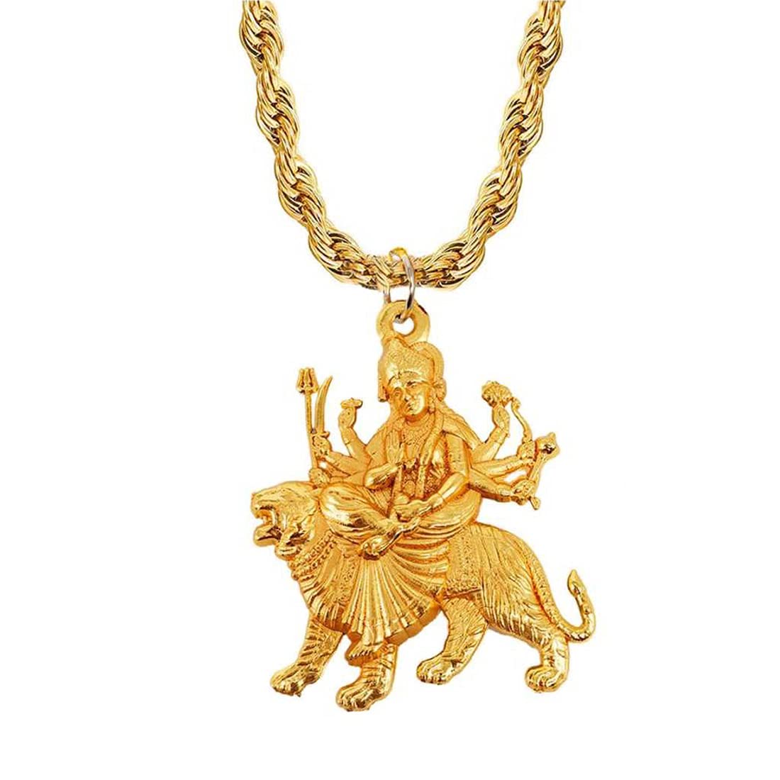 Lord Maa Durga Sherawali Mahakali Locket with Brass Rope Chain Gold Brass Religious Symbols Pendant Necklace Chain for Men and Women