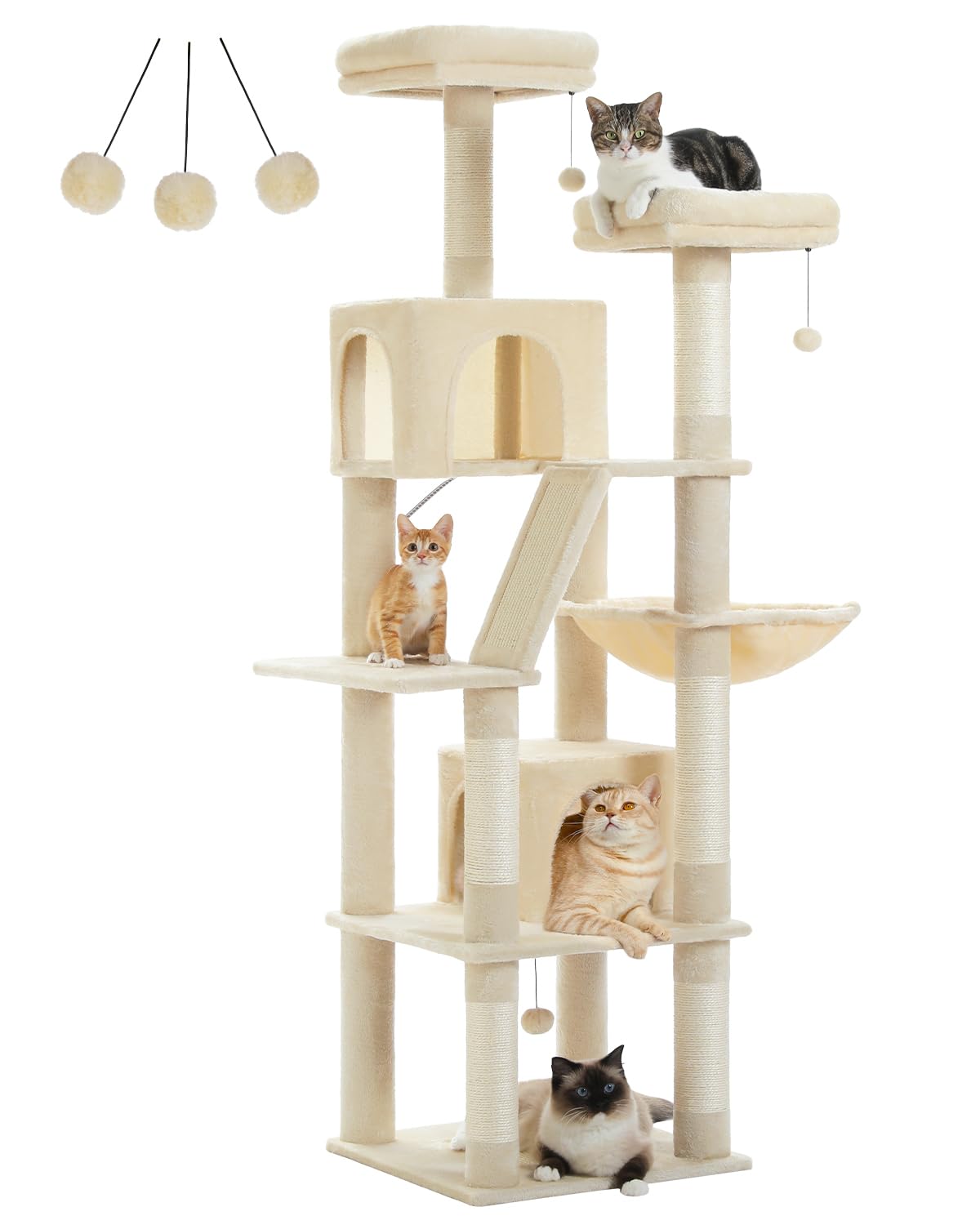 PETEPELA 180cm Kratzbaum groß, Multi-Level Katzenbaum für große Katzen, mit 6 Sisalsäule, 2 Kratzbrettern, 2 Plattformen, 1 Hängematte, 2 Spielbälle, Plüsch-Stoff, beige