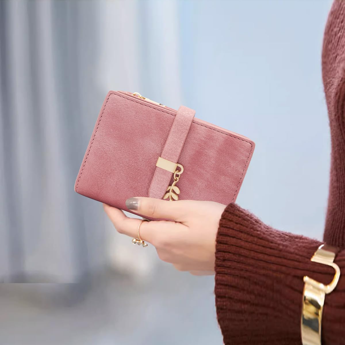 Portafoglio Donna Piccolo Portafogli Pelle PU RFID Blocco Elegante Corto Portamonete per donna con 17 Porta Carta di Credito Cerniera (Rosa)