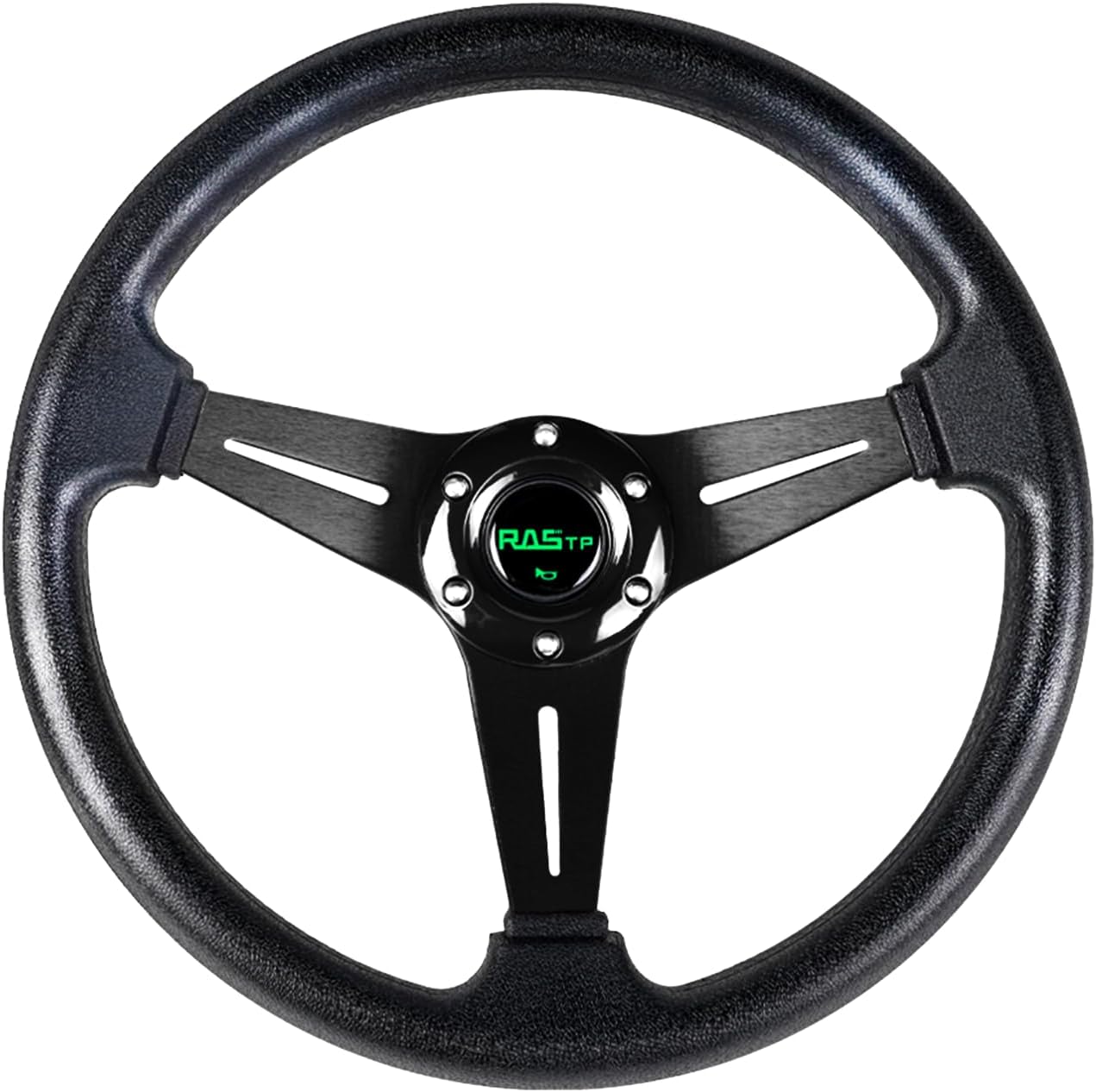 RASTP Universal Racing Steering Wheel 13.8”/350mm 6 Bolts Grip Vinyl Leather & Aluminum with Horn Button for Car -Black