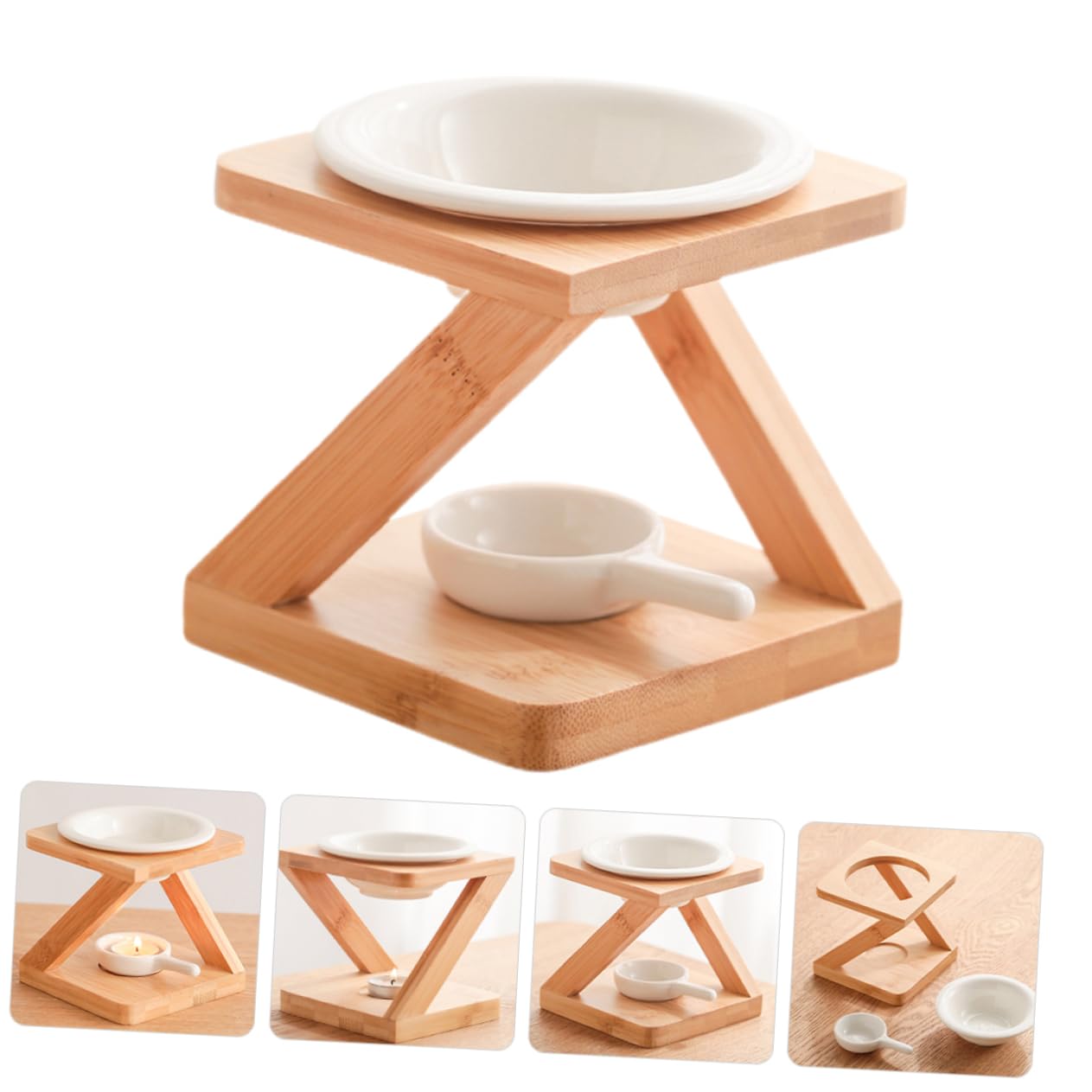 Mobestech Aromabrenner Teelicht Duftbrenner Aus Keramik Und Holzgriff Aromadiffusor Für Zuhause Yoga Wohnzimmer Vintage Stil