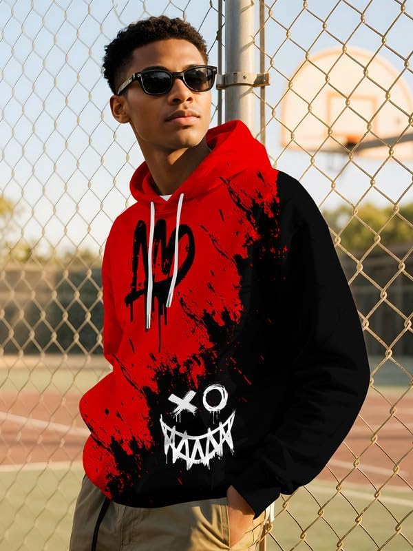 Mens Graphic Hoodies Pullover 3D Print with Pockets, Unisex Anime Black Red Hoodie Sweatshirt for Teen Boys - Image 3