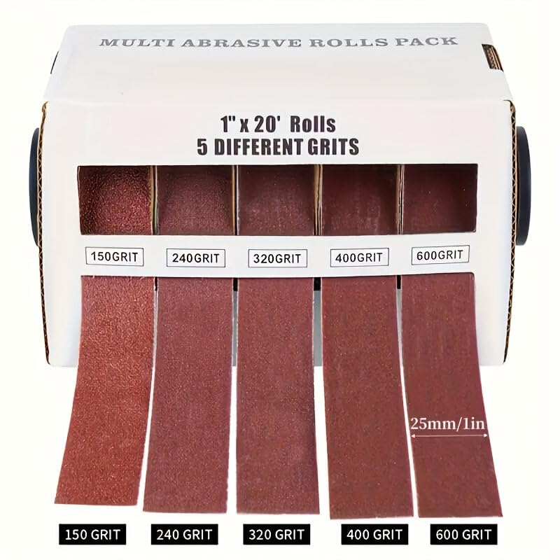 Abrasive Tool for Emery Sandpaper 5 Rolls Abrasive Cloth Aluminum Oxide 150 240 320 400 600 Grit 25mm x 6m Metal Automotive Polishing Dispenser Box（Length:6M