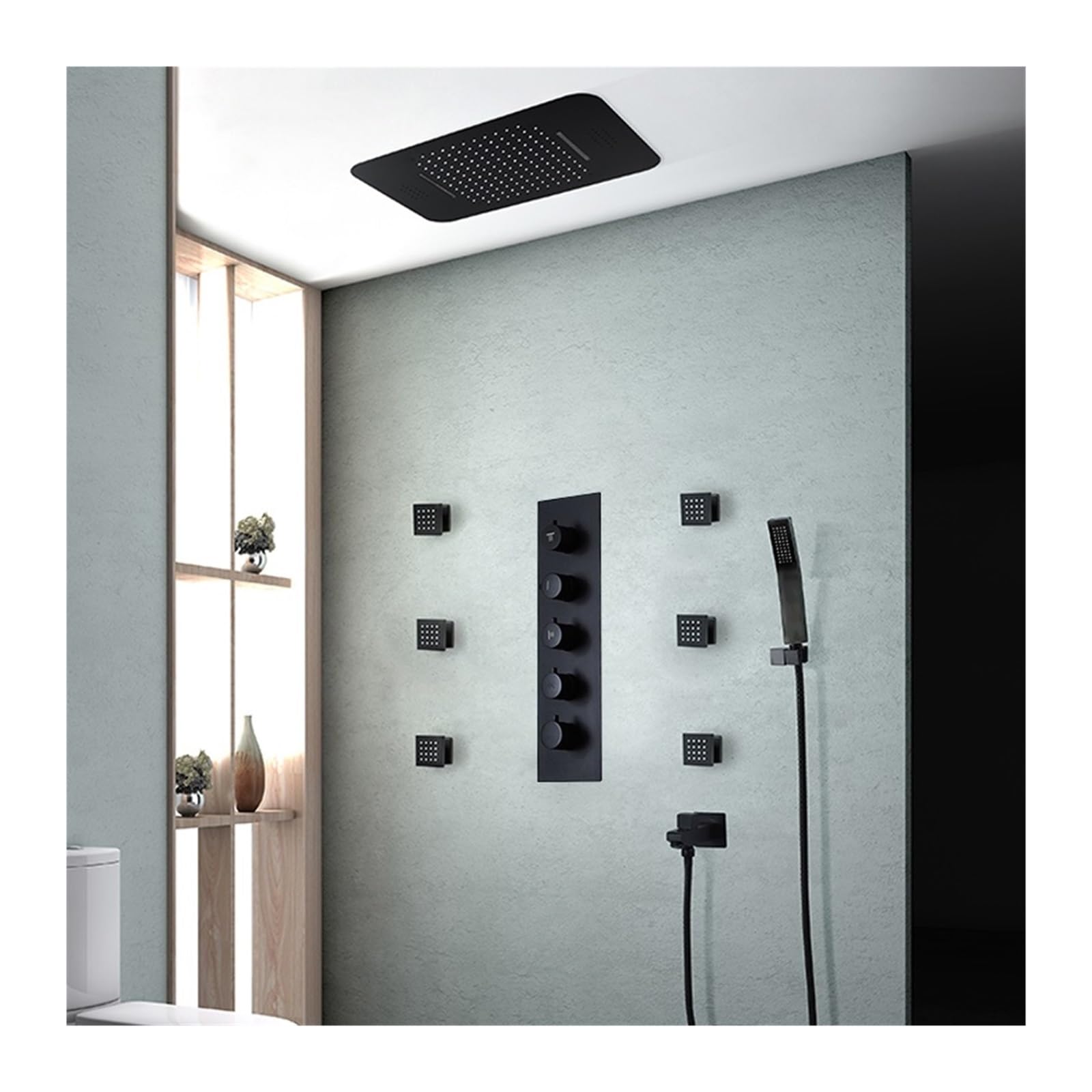 Set di sistemi doccia di lusso neri ， Soffione doccia a LED con soffione a pioggia ad alto flusso d'acqua Pannello doccia con altoparlante for musica ， Miscelatore termostatico Rubinetto in ottone(Sty