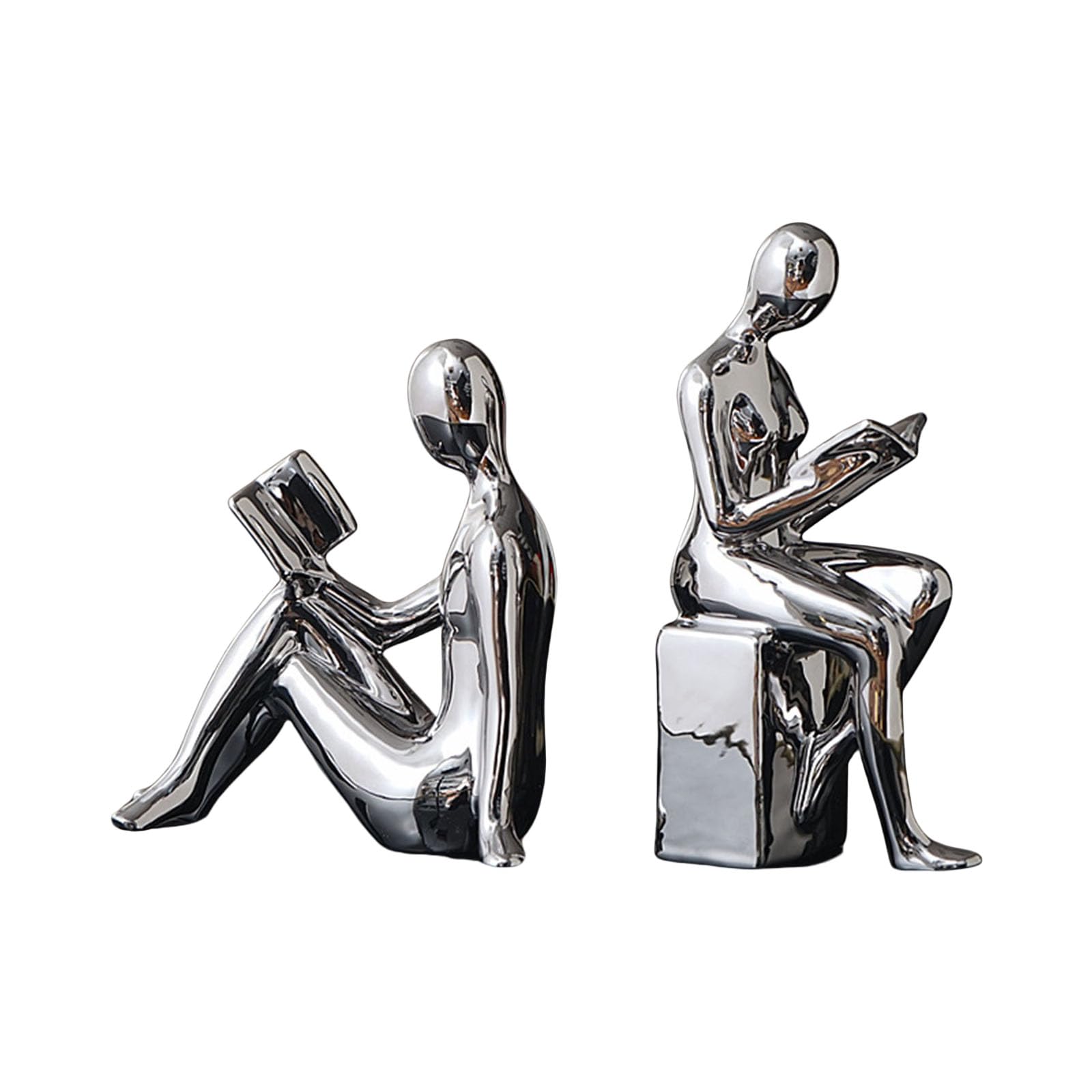 Abstract Bookend Statues for Bookshelves and Electroplated Ceramic Reading Figurine 2PCS Home and Sculpture