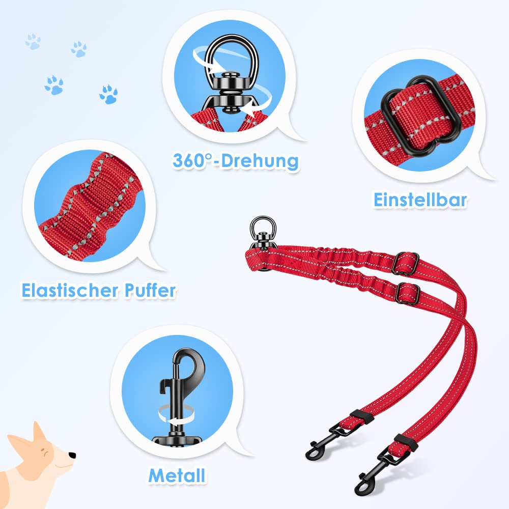 Nasjac Dubbele hondenriem, geen verstrengeling 360° draaibare splitter dubbele lijn voor twee honden, verstelbare schokabsorberende bungee- reflecterende lijn voor honden, klein, middelgroot en groot Nasjac Dubbele hondenriem, geen verstrengeling 360° draaibare splitter dubbele lijn voor twee honden, verstelbare schokabsorberende bungee- reflecterende lijn voor honden, klein, middelgroot en groot