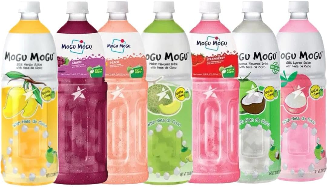 Mogu Mogu Fruit Juice Drinks with Nata De Coco 1L Bottle HALAL - Assorted 5 Flavours Drink (5 Bottles, 5 Flavours)