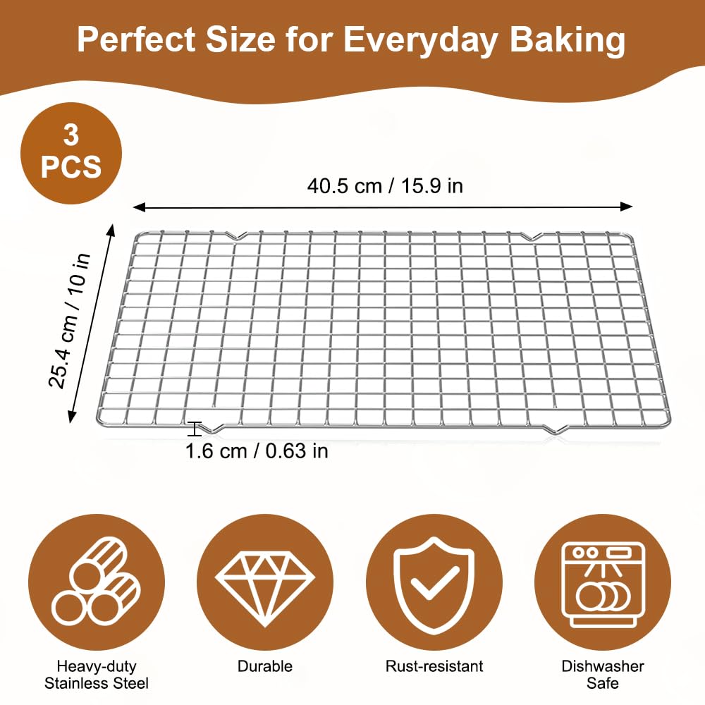 3 Piezas Rejilla para enfriar de Acero Inoxidable, 40,5 x 25,4 x 1,6 cm Rejilla para Enfriar Pasteles, Apta para Lavavajillas, Rejillas de Enfriamiento para Hornear,para Hornearenfriar, Asar, Hornear - 3