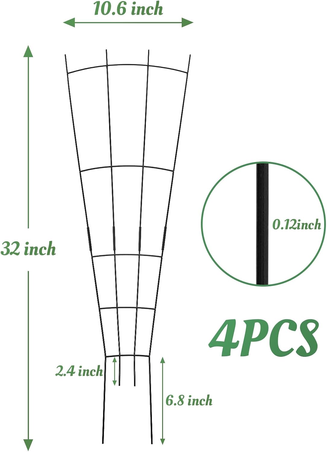 4 Pack 32'' Black Metal Plant Trellis Indoor/Outdoor, Fan Shape, Stainless Steel, Modern Style, Easy Assembly