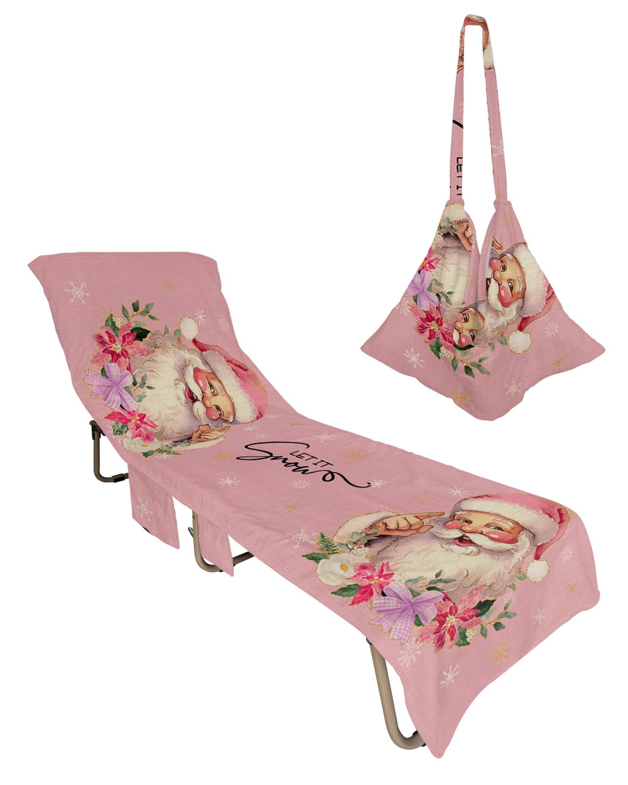 Pink Christmas Beach Lounge Chair Towel Cover, Soft Chaise Lounge Towel with Side Pockets Patio Pool Chairs Cover for Beach/Pool Sunbathing 29x85 Santa Winter Snowflake Botanical Rustic