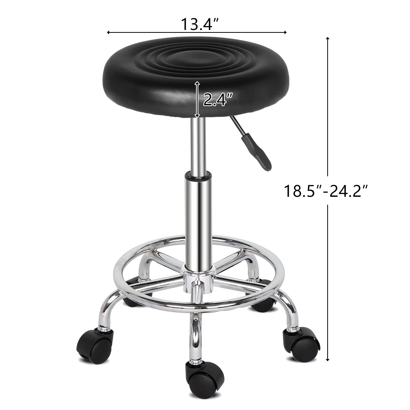 9zH&K PU Leather Round Rolling Stool with Foot Rest, 360° Rotation Swivel Spa Drafting Salon Tattoo Work Office Massage Stools Task Chair Pedicure Stool with 5 Wheels, 13