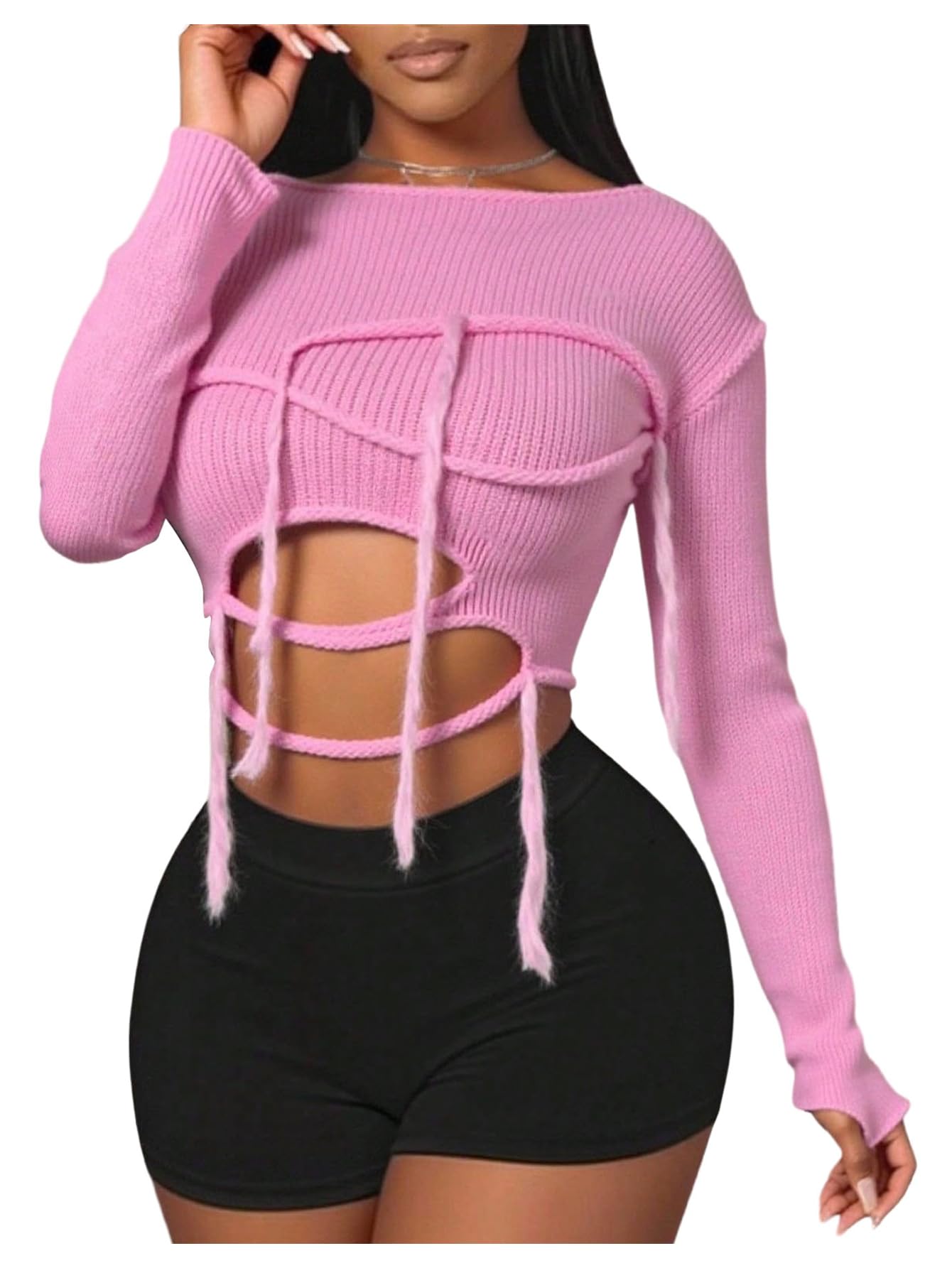 Womens Cut Out Knit Tops Ripped Pullover Sweaters Cropped Sweaters Jumper