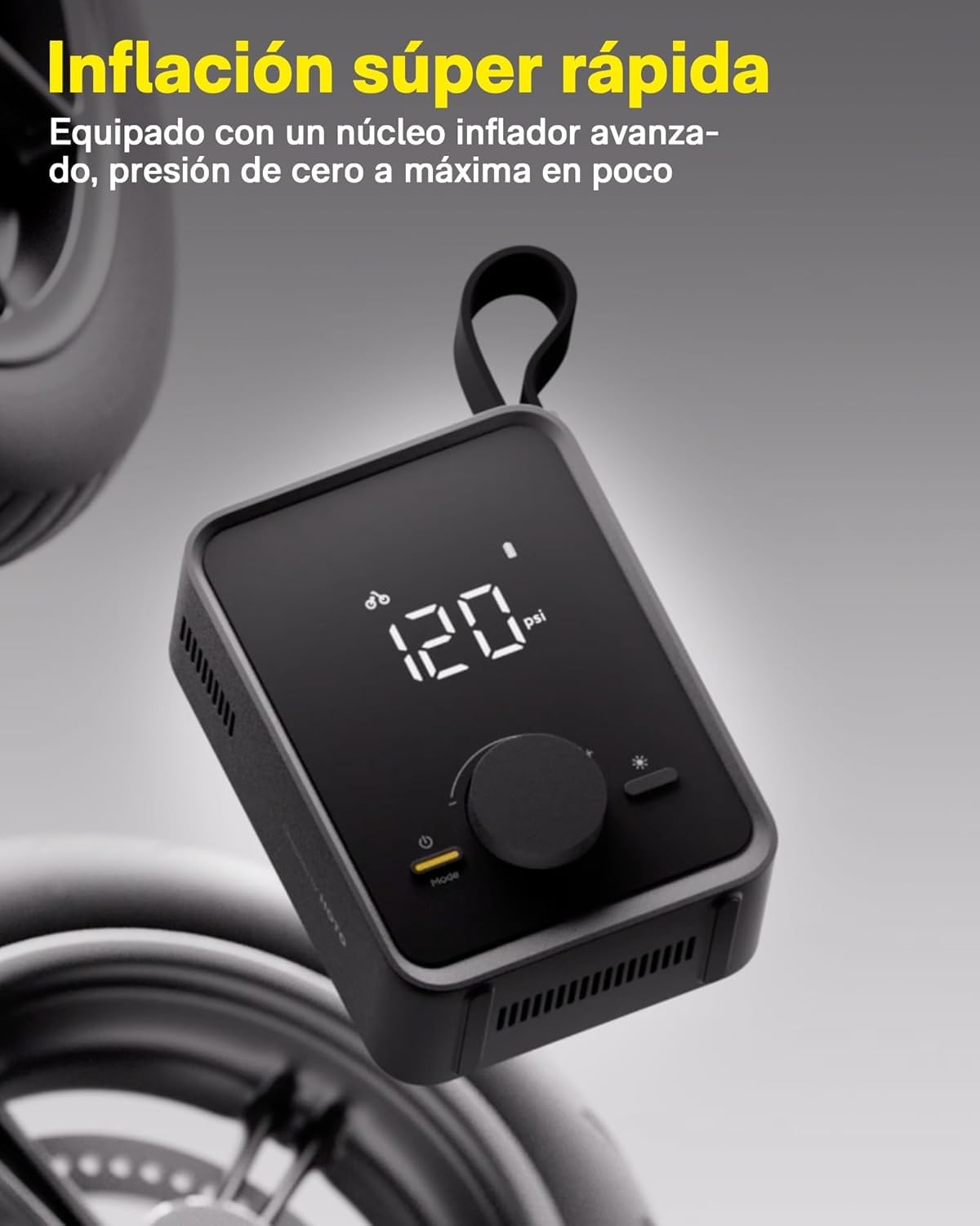 Compresor Aire Portatil 120PSI, Hinchador Ruedas Coche 2500mAh Batería | 5 Modos, Parada Automática con Pantalla LCD Digital y Linterna LED, para Coches, Motos, Bicicletas Pelotas