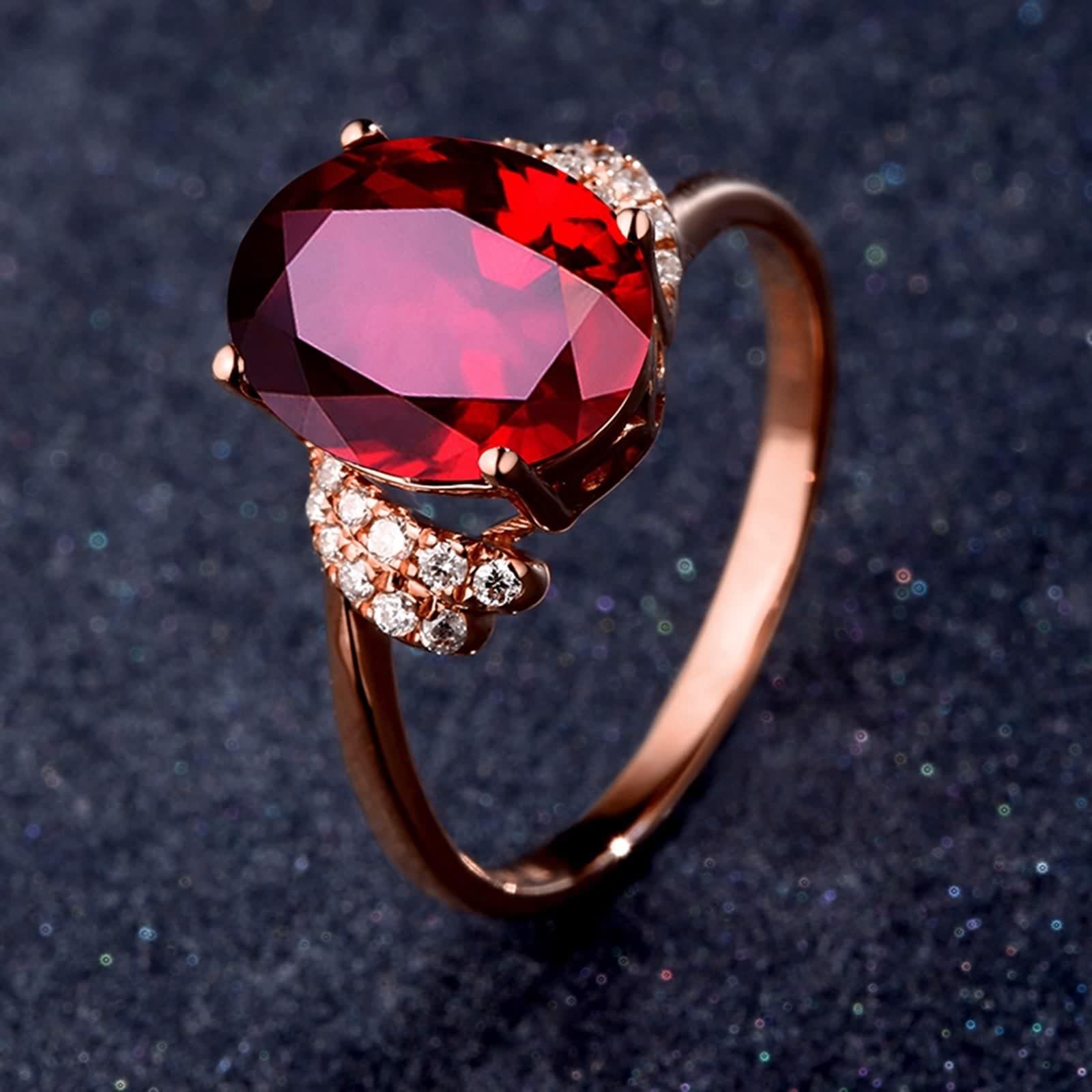 Anillo de rubí auténtico, oro 750, oro rosa de 18 quilates, anillo ovalado de rubí con diamante blanco rojo cómodo ajuste