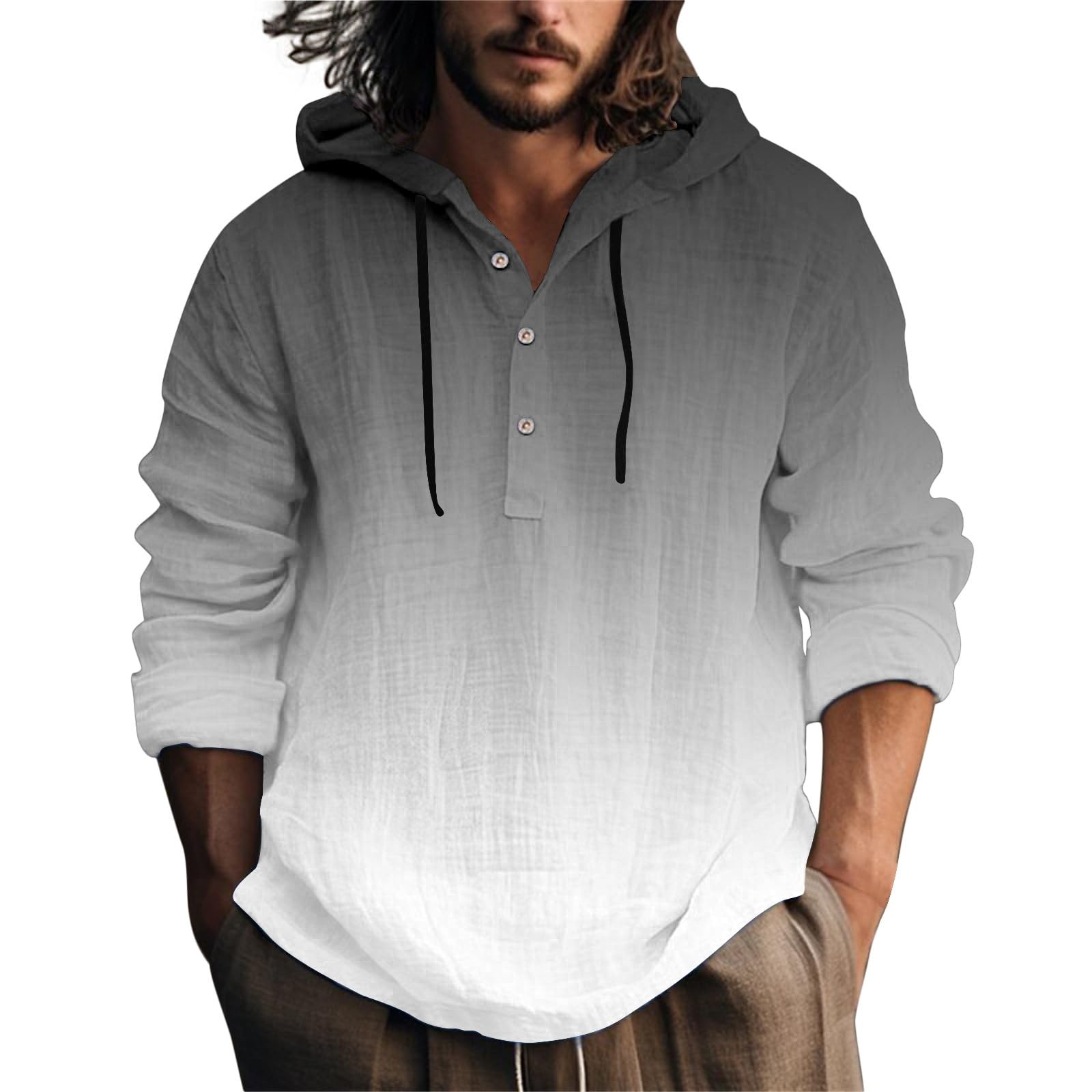 Generisch Sudadera con capucha grande para hombre, de algodón, informal, degradado de color, camisa de lino, camisa de ocio con capucha y cordón, monocolor, holgada, manga larga, camisa para hombre
