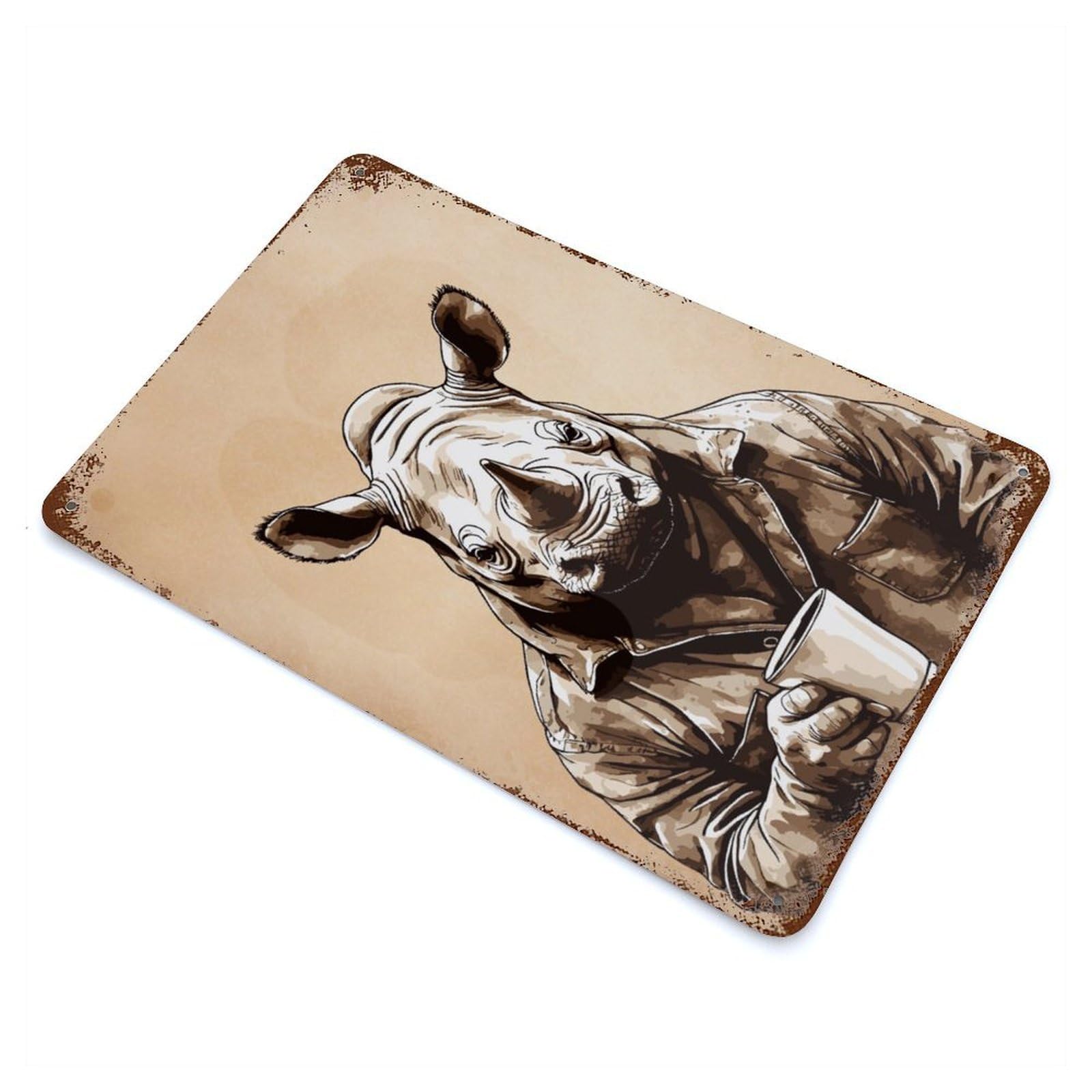 Rhino Animals Coffee Vintage Wall Sign 11.8"x7.9", Rust Effect Metal Decor for Living Room, Hallway And Home Decor