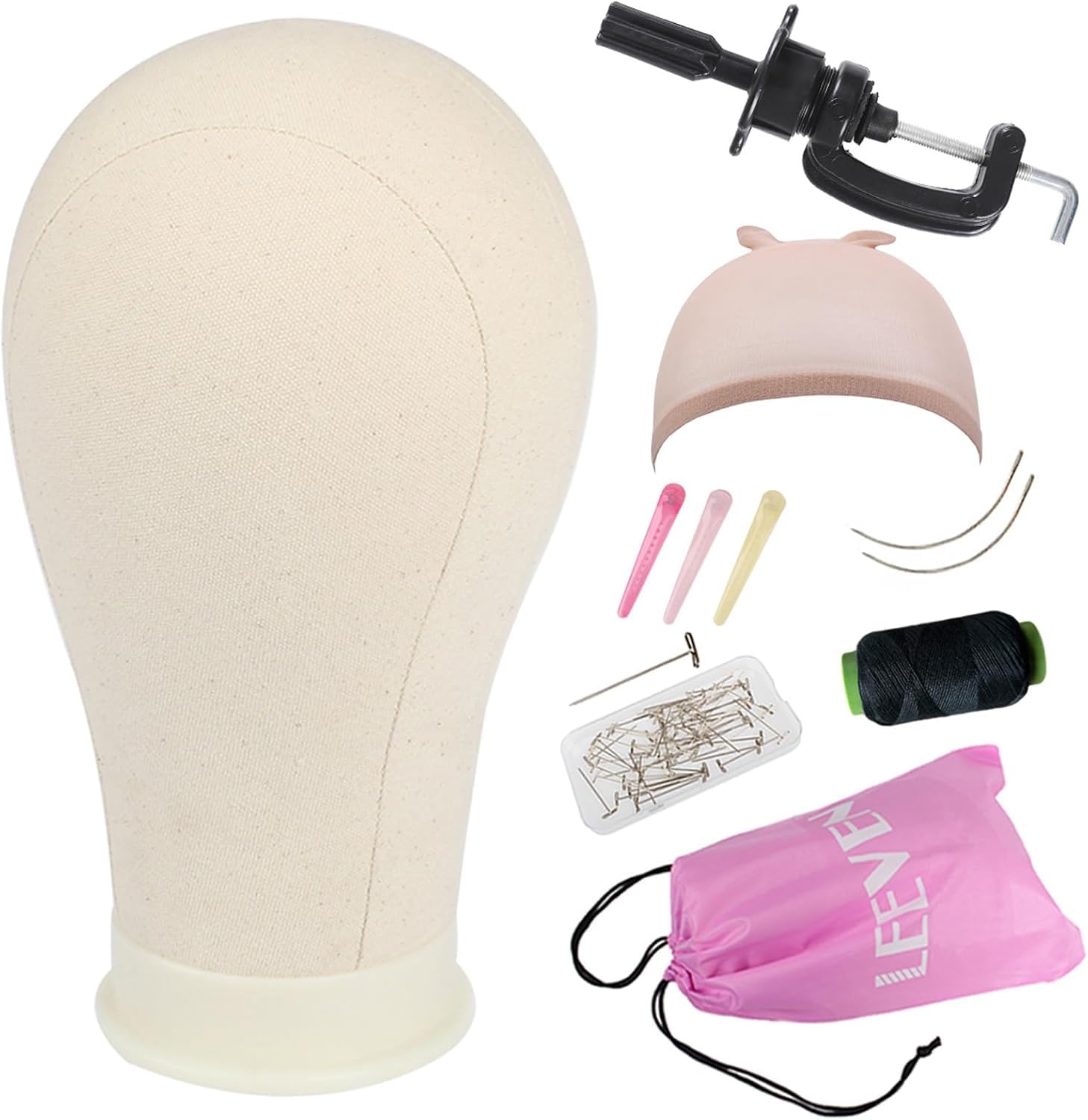 Leeven 23 Inch Canvas Wig Head Poly Manikin Head for Making Wigs Professional Mannequin Head with T Pins Clamp Stand Canvas Block Head Wig Making Accessories 23 Inch