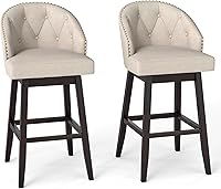 COSTWAY Swivel Bar Stools Set of 2, 31" Counter Height with Padded Back, Rubber Wood Legs, Breathable Linen, Tufted Beige & Brown