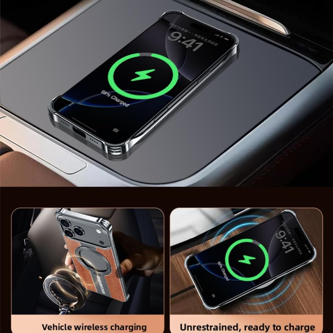 Etui magnetyczne do ładowania iPhone'a 17 Pro, bezramkowe, solidne, z metalową podstawką (do iPhone'a 17 Pro/drewno orzechowe)