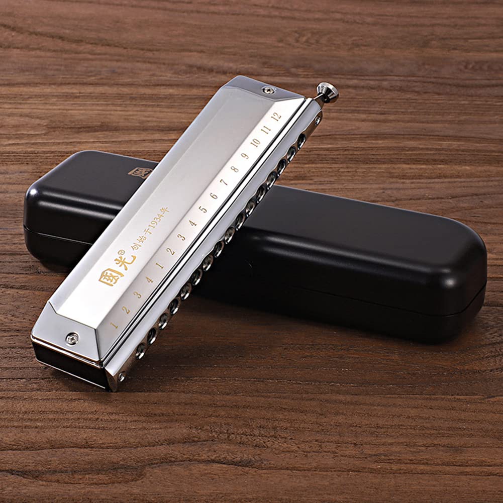 The Chromatic Harmonica,12-Hole/16-Hole Professional Performance Instrument, Self-Study for Beginners, Black/Gold/Silver,Silver,16