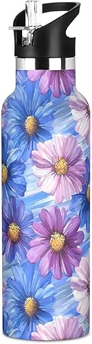 BPA-Free Leak Proof Reusable Water Bottles with Straw Lid Blue Purple Daisy Flowers Oil Painting Double-Wall Insulation for Sports, Travel, and
