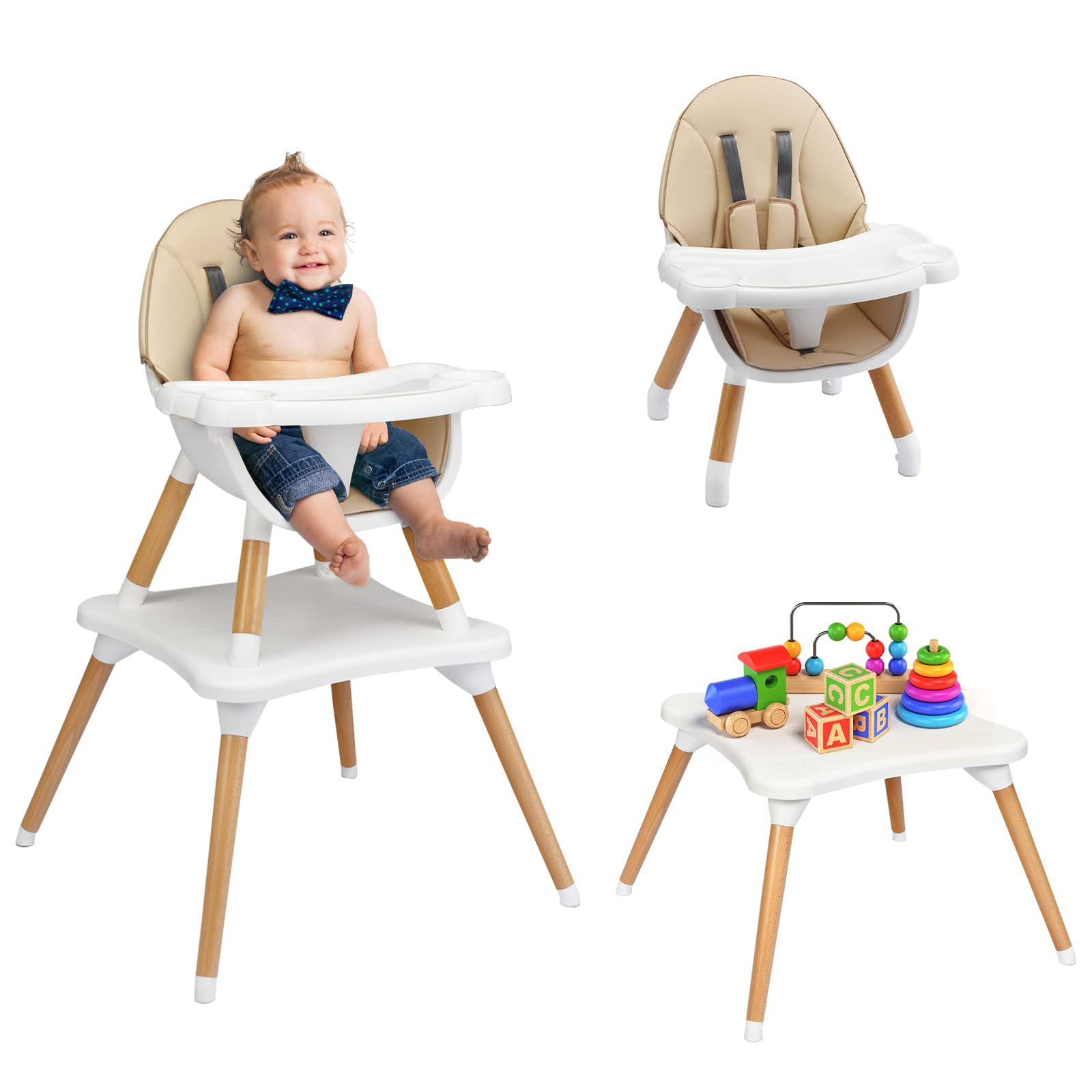 RELAX4LIFE 4 in 1 Seggiolone Pappa, Seggiolone Evolutivo con Vassoio Rimovibile e Cintura di Sicurezza, Altezza Regolabile in 4 Posizioni, per Bambini e Neonati 6-36 Mesi (Classico, Beige)