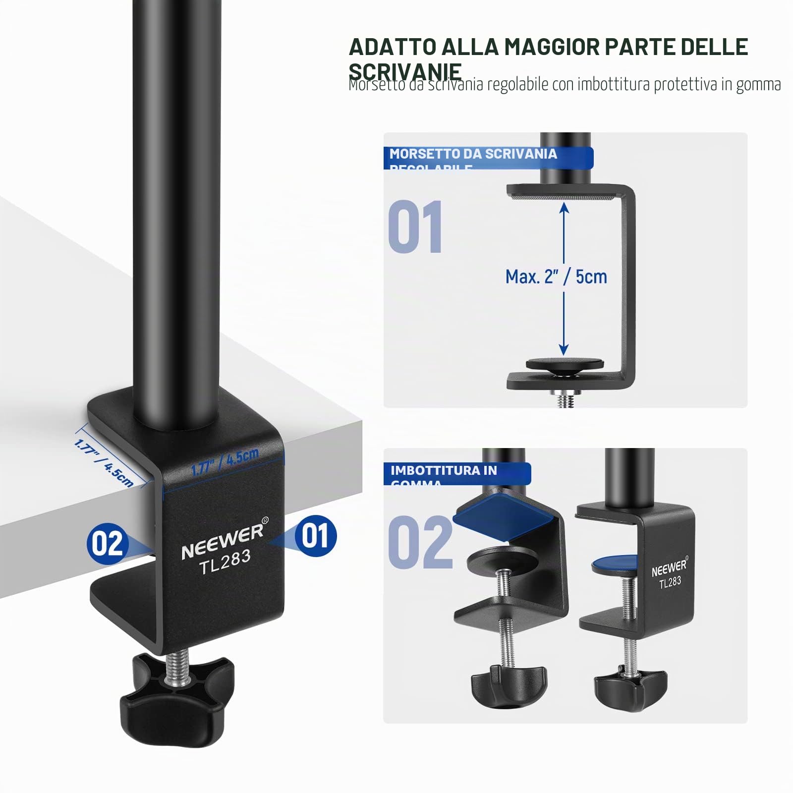 NEEWER Stand Estensibile da Tavolo con 1/4” Testa a Sfera, 43-102cm Regolabile Cavalletto con 1/4” Vite Adattatore & Morsetto-C per Reflex Digitali Luci Anulari Streaming Vlog, Massima Portata 3kg