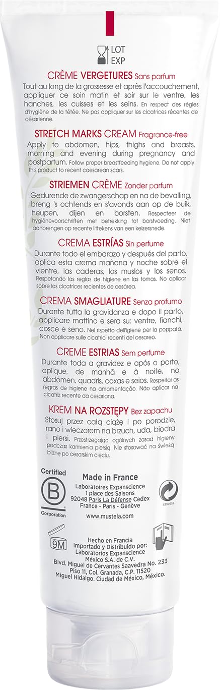 Mustela Krem rozstępowy, zapobiegający rozstępom z awokado i shea, bez zapachu, ciała, dla wszystkich kobiet, bezpieczny w ciąży i karmieniu, nawilża i łagodzi skórę (150 ml)
