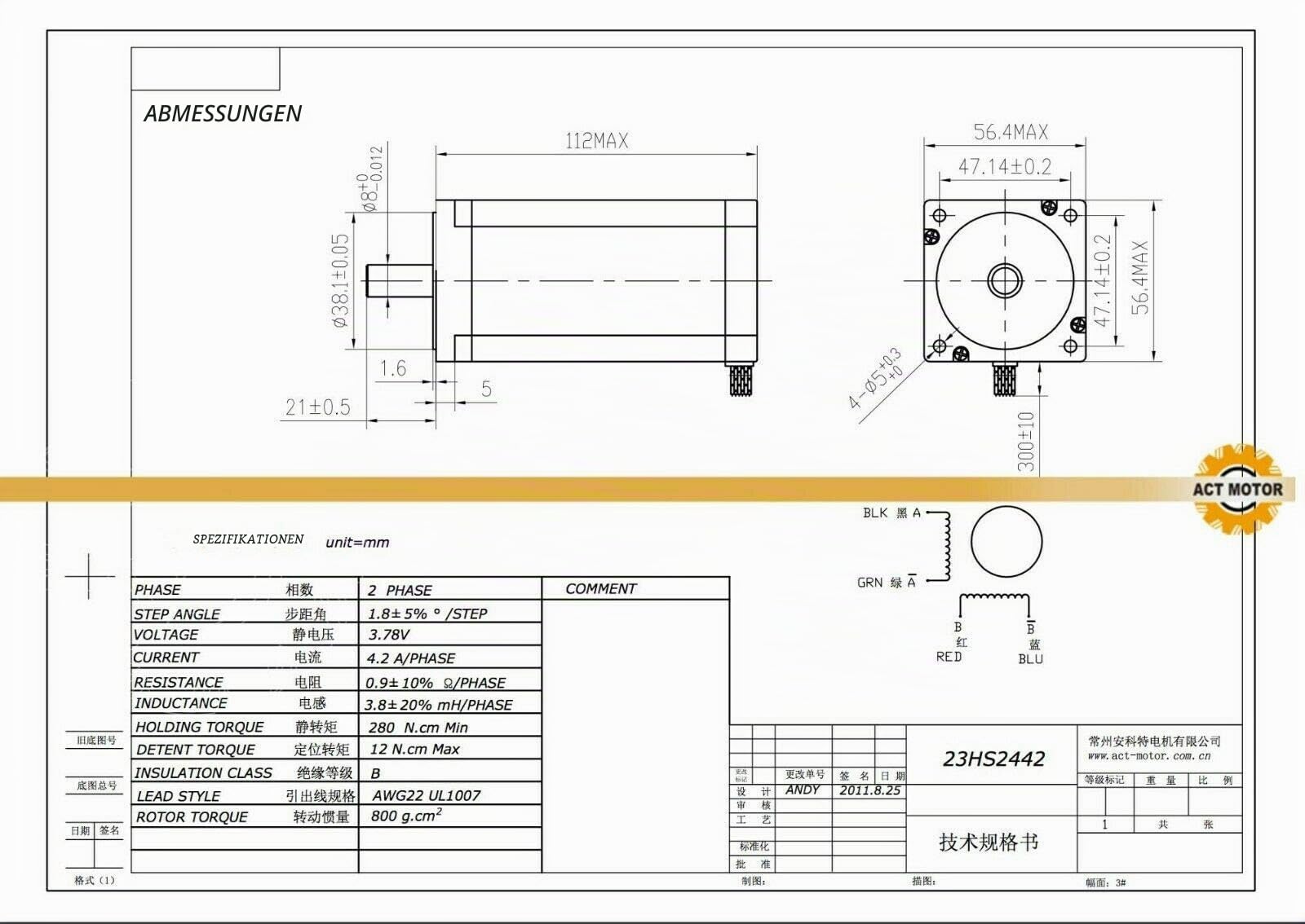 DE-SHIP FREE 4Axis 23HS2442 Nema23 Schrittmotor 112mm 425oz-in 4.2A round Shaft Φ8mm Bipolar 1.8° + DM542 + 350W 36V CNC OEM ACT MOTOR GmbH