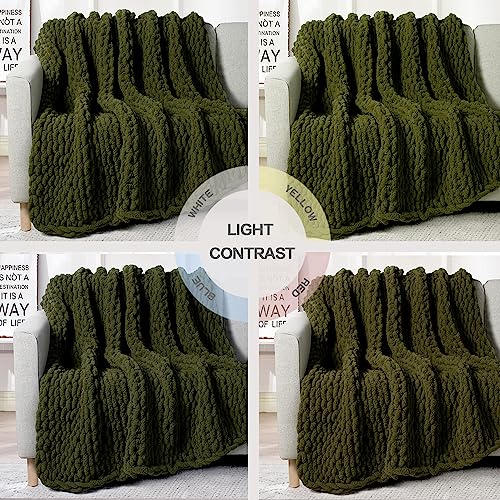 Carriediosa Chunky Knit Throw Blanket Chenille Loop Yarn Handmade Soft Fluffy Throws For Couch Sofa Bed Home Decor Breathable Cozy Heavy Thick Knitted Blanket Washable, 50" X 60" Olive Green #TOP5