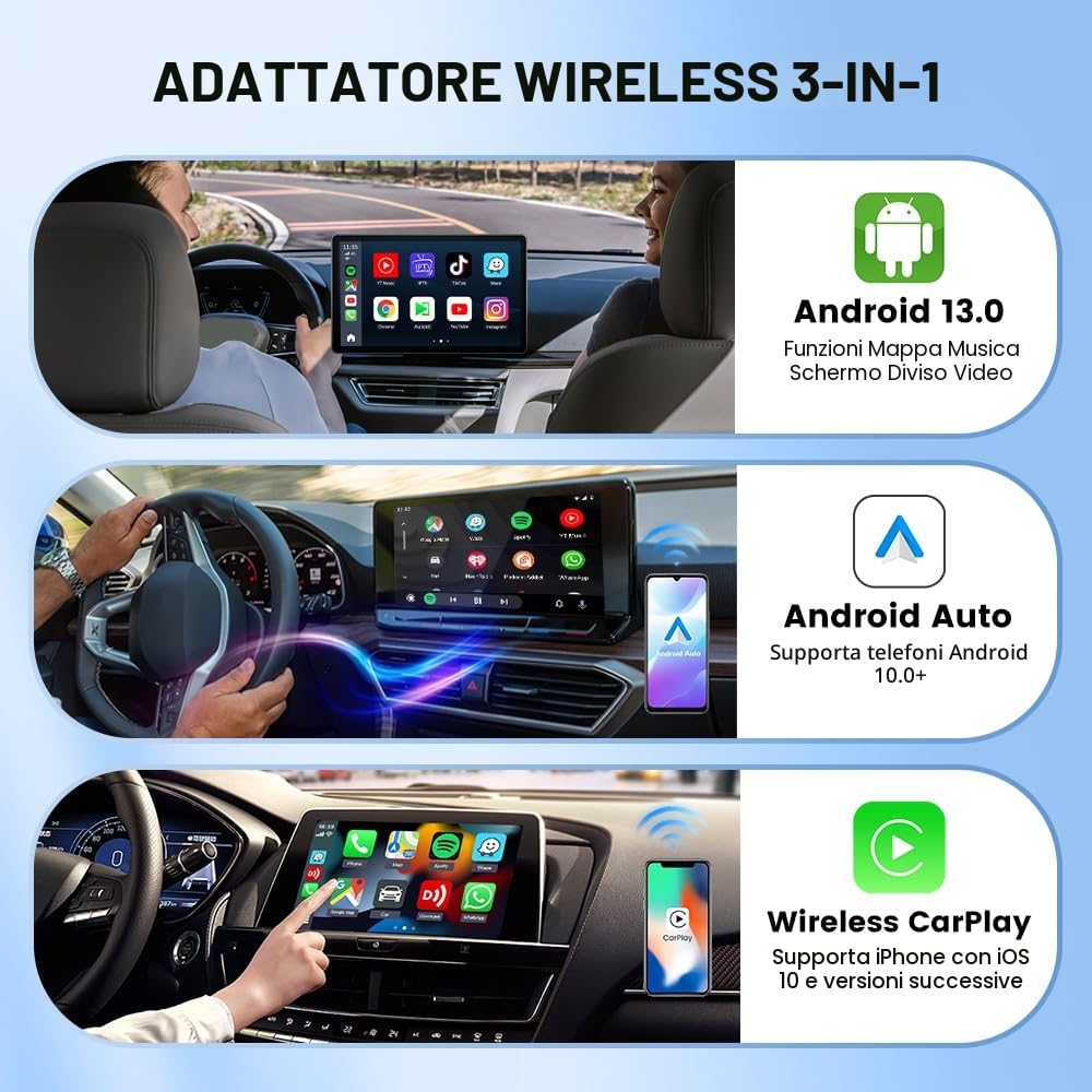 CarlinKit 2026 Wireless CarPlay & Android Auto Android 13.0 AiBox Adattatore, per auto con CarPlay cablato, sistema integrato 4+64GB con GPS, processore octa-core