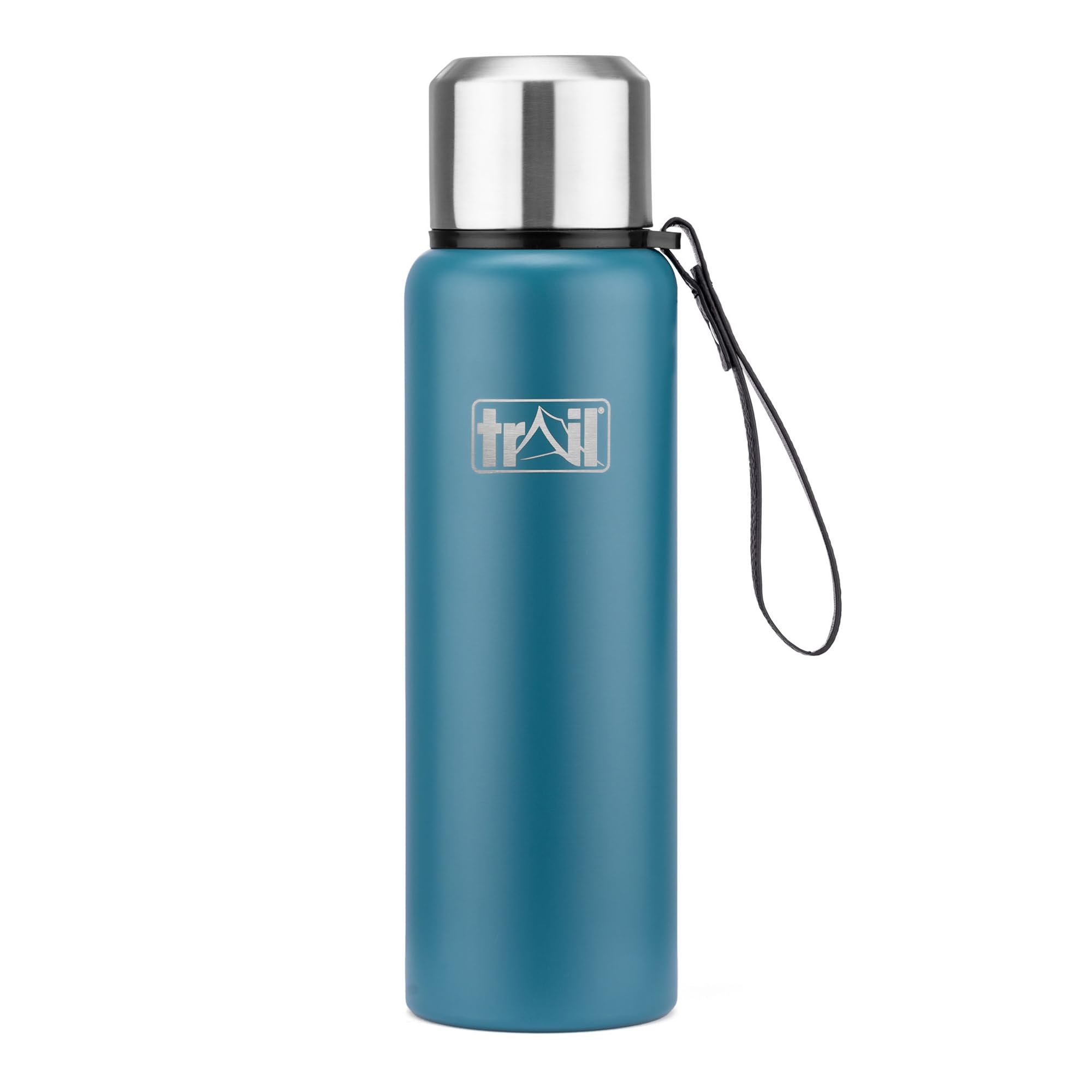 Trail Vacuum Flask with Strap 800ml, Stainless Steel Thermal Flask for Camping, Hiking & Travel, Keeps Drinks Hot 12hrs / Cold 24hrs, Double Walled, Leak-Proof, Twist-&-Pour Stopper, Lid Cup (Teal)