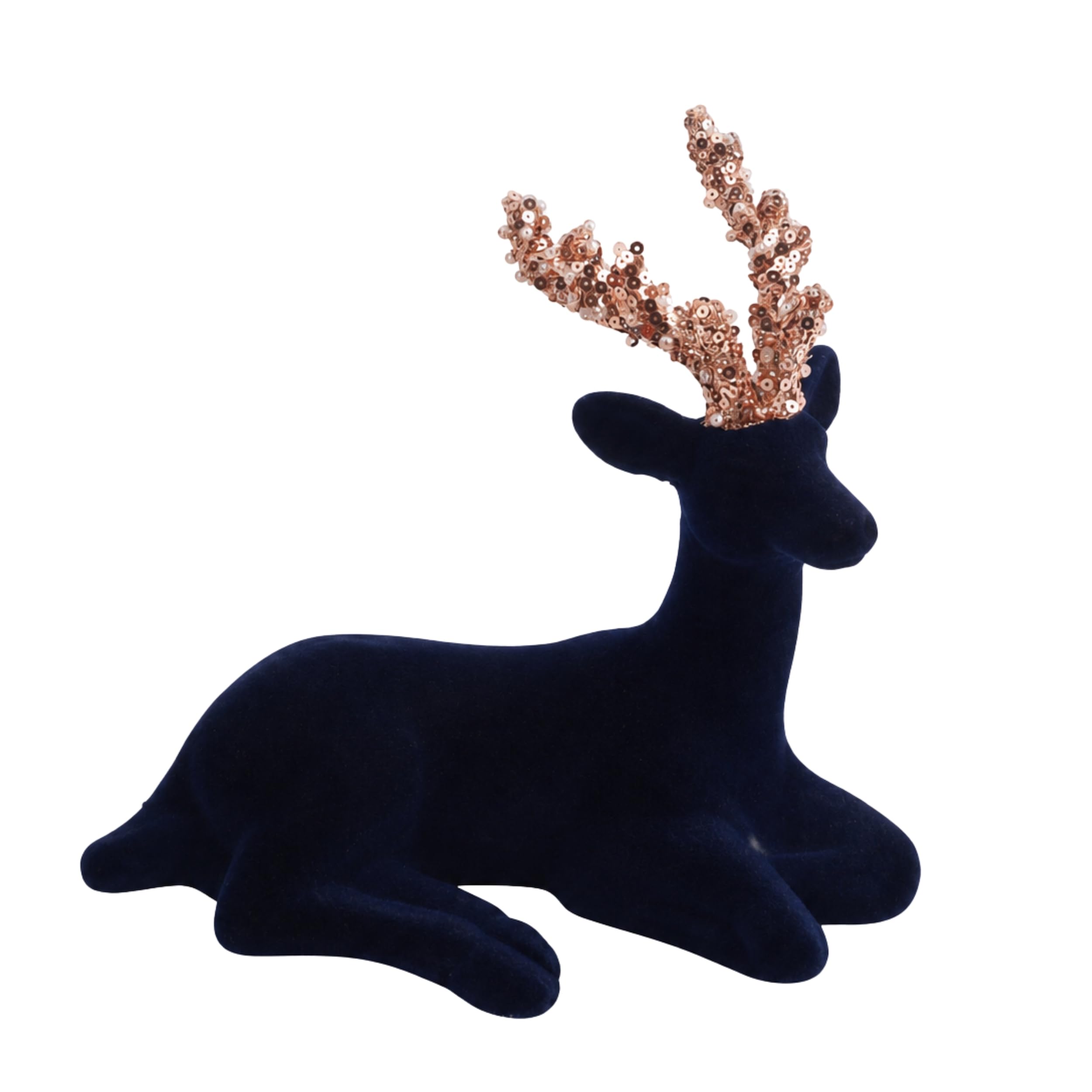 Christmas Velvet Sitting Reindeer Figurine 19cm Midnight Blue with Antlers