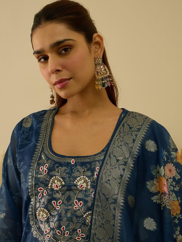 Image of VredeVogel Women's Embroidered Chanderi Silk Jacquard Straight Kurta Pant Set with Dupatta | Perfect for Festive & Casual Ethnic Wear Kurta Set