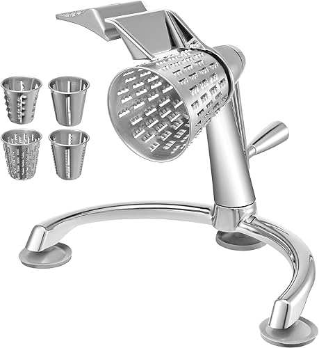 Happybuy Rallador de queso giratorio, mandolina vegetal de aleación de zinc con 5 conos de corte de acero inoxidable, rallador manual de queso con
