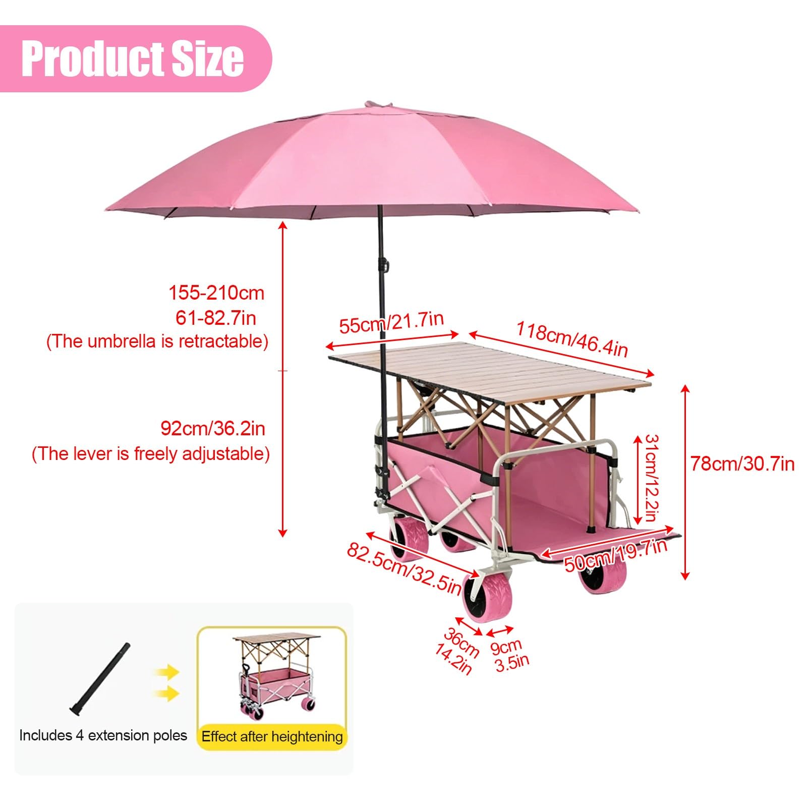 HARELA Genérico Puesto de Mercado con Toldo, Móvil de Venta Ambulante de Comida, Carrito de Comida callejera con Ruedas para Tiendas Mercados(Pink)