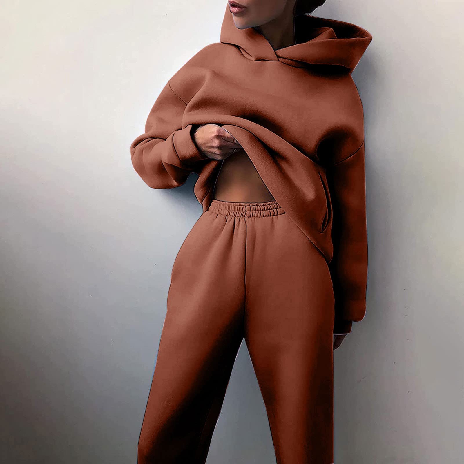 Frauen Casual Fashion Langarm Hoodie Lange Hosen Set Solide Farbe Elegantes Zweiteiler Outfit