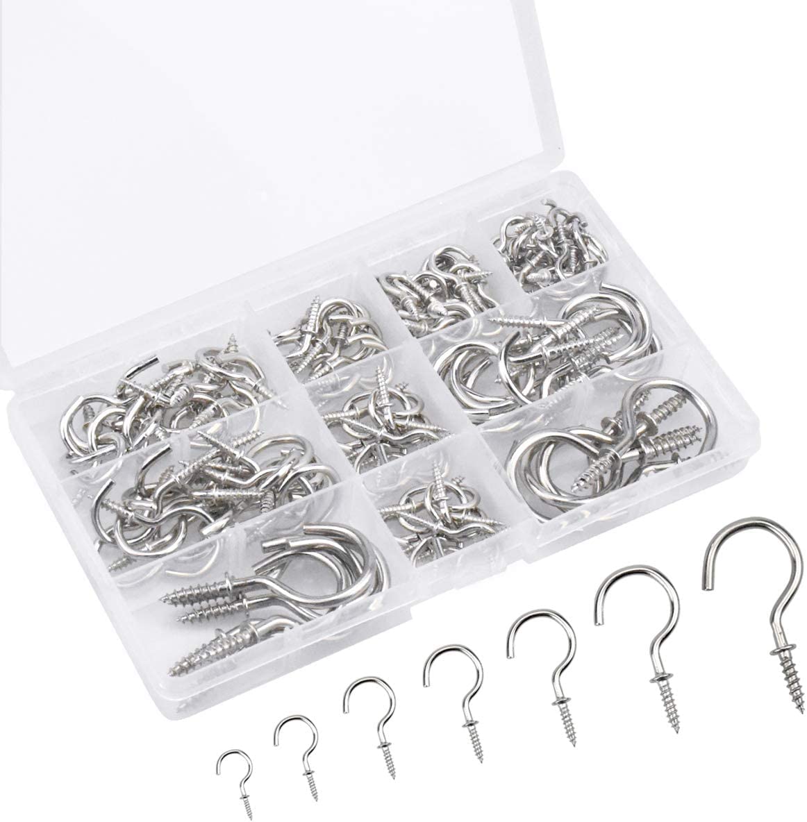Cozlly Pack of 120 Screw Hooks Stainless Steel Hook Screws, Hooks for Screwing Metal, Nickel-Plated Screw-in Hooks, Cup Hooks, Ceiling Hooks for Wood Threads, 7 Sizes (Silver)