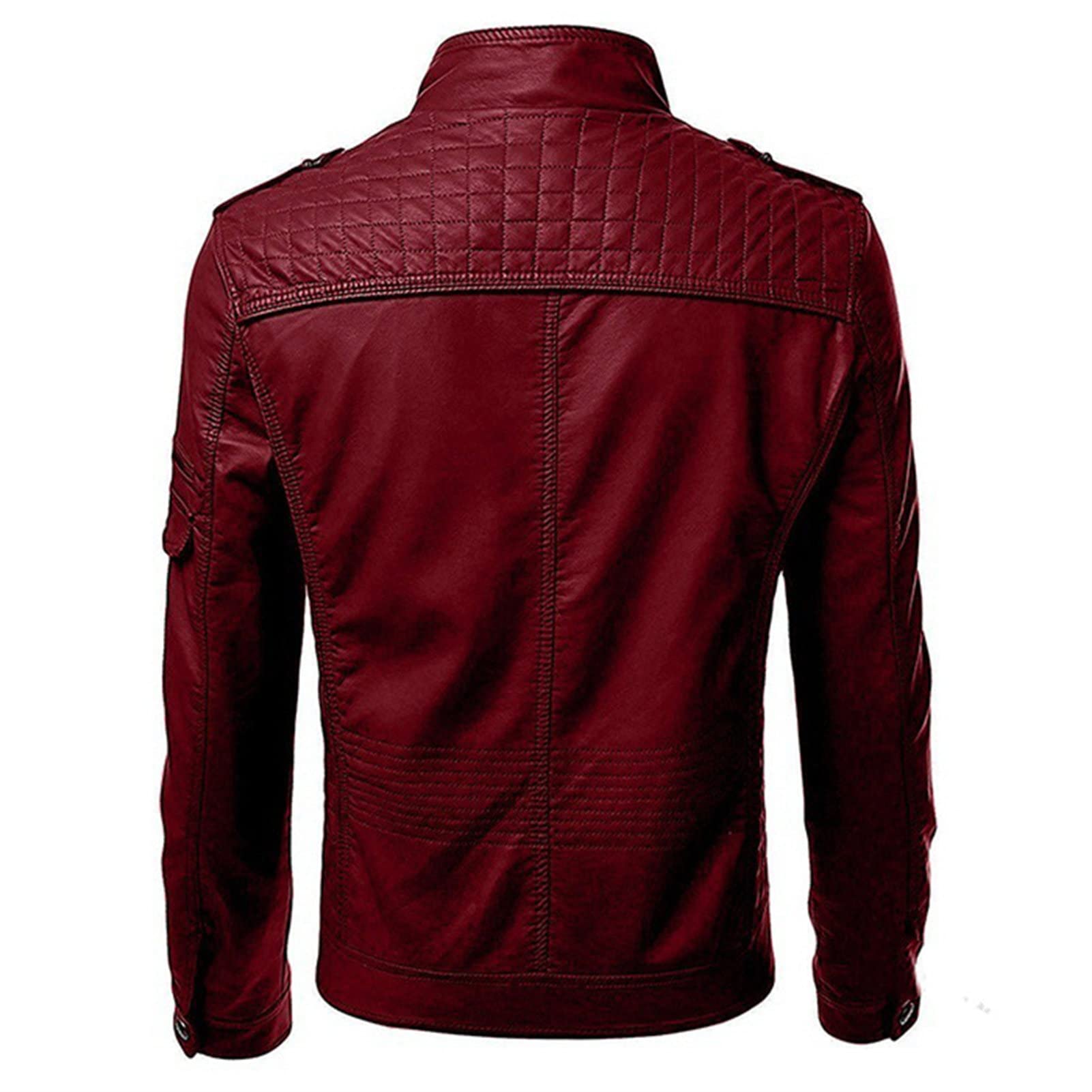 Maiyifu-GJ Slim Motorcycle Jacket for Men Faux Leather Zip Up Windproof Moto Coat Stand Collar Vintage Bomber Outerwear (Red Wine,Medium)