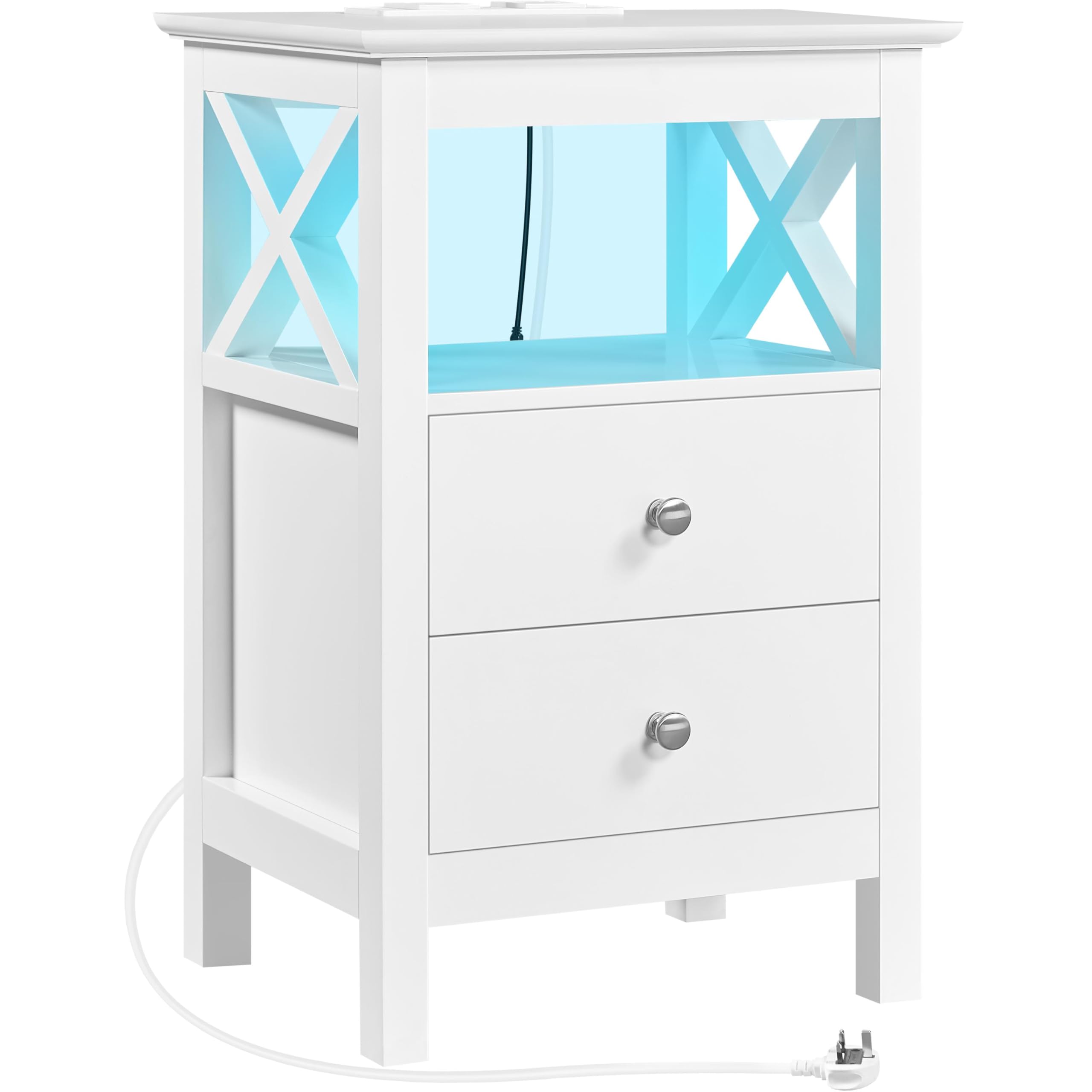 Yaheetech Bedside Table with Charging Station and LED Lights, Wooden Nightstand with 2 Storage Drawers, Bedside Cabinet with USB Ports & AC Outlets, for Bedroom, Living Room, White