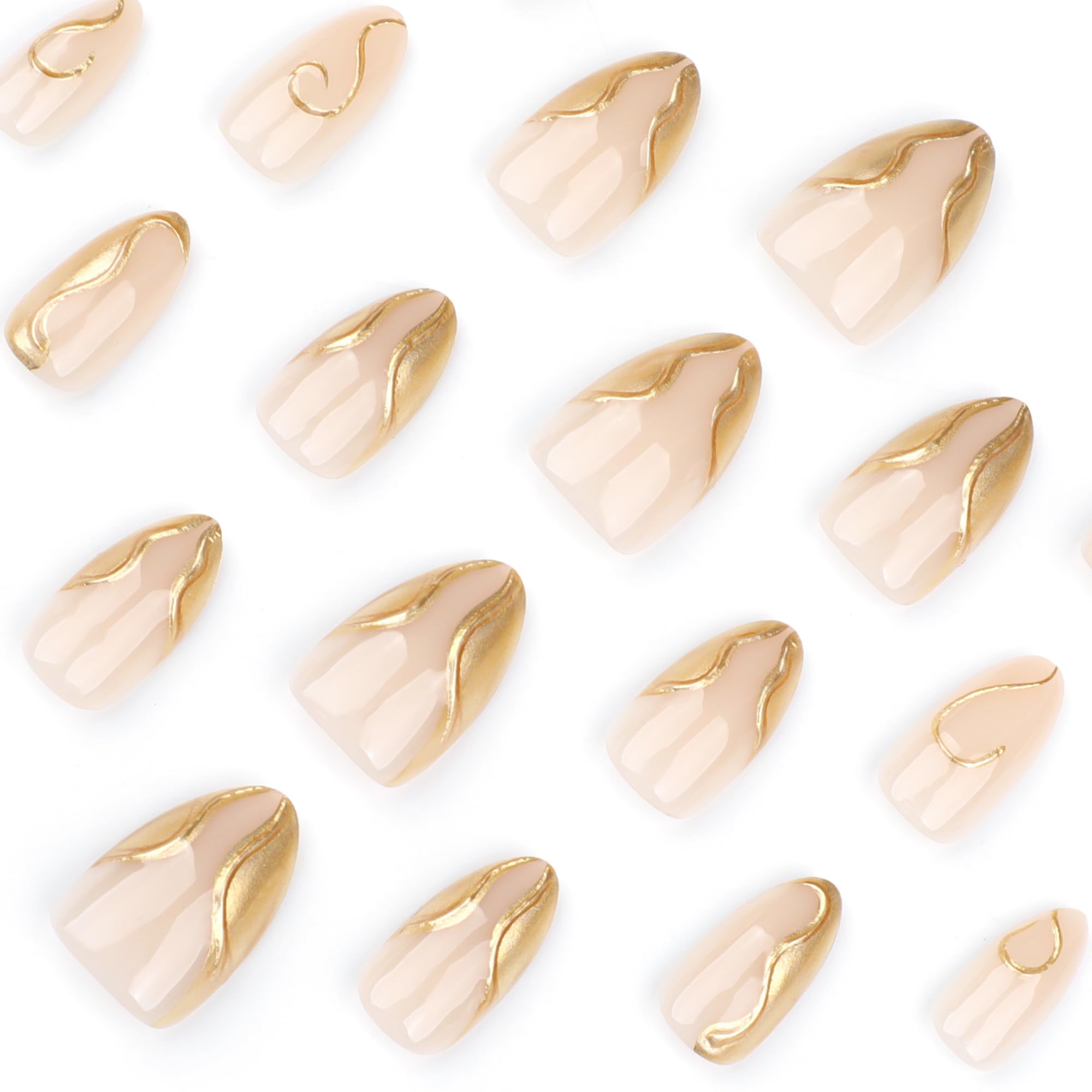 KaleidNail Nude Almond Press on Nails 24 PCS Glossy Gold False Nails Medium Length Fake Nails Full Cover Stick on Nails Art for Women and Girls Daily Decoration - Image 4