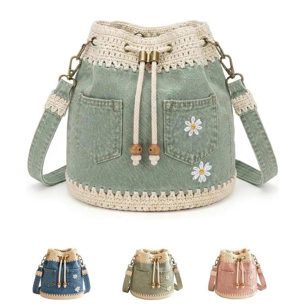 Denim Crochet Bucket Bag, Daisy Drawstring Crossbody Purse
