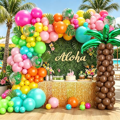 GLIMCHET 146Pcs Tropical Balloon Arch Kit with Palm Tree Foil Balloons Palm Leaves for Hawaiian Luau Aloha Summer Flamingo Beach Pool Birthday Party Decorations