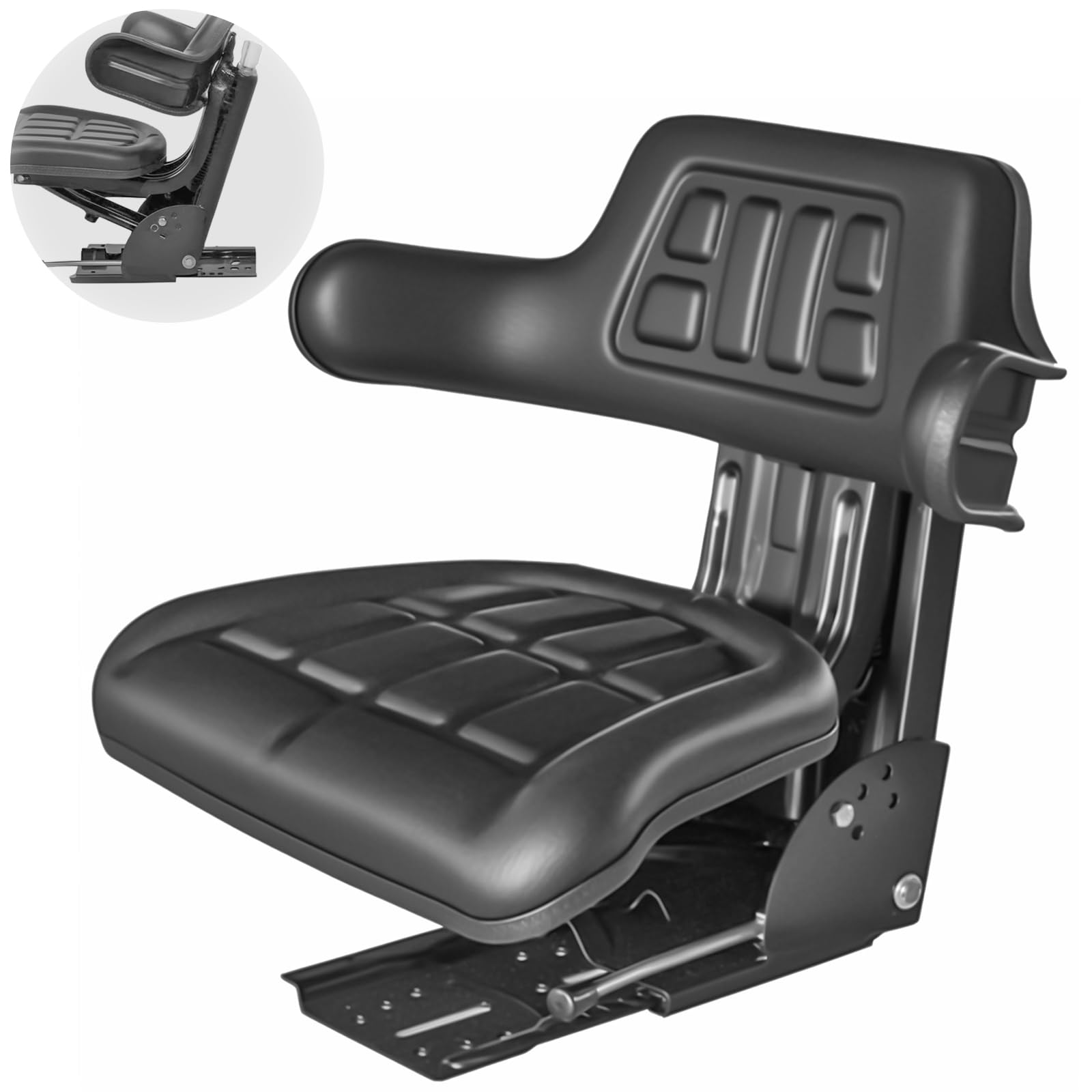 Universal Tractor Seat With Suspension - Black Ergonomic Replacement Seat For Lawn Mowers, Excavators & Forklifts | Adjustable Height (3.1-8 Inch) & Reclining Backrest
