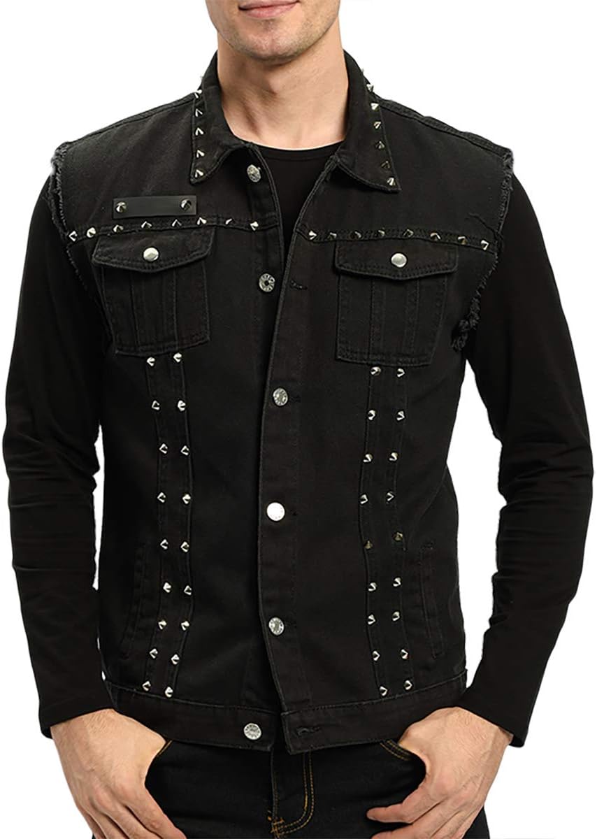 INVACHI Men's Slim Fit Punk Denim Vest Sleeveless Jeans Vest Jacket with Rivets
