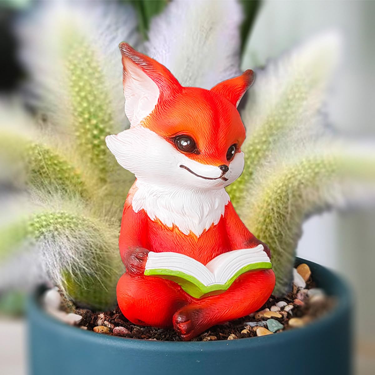 JARPSIRY Reading A Book Fox Garden Statue Outdoor Decor, 4.33" Tall Resin Fox Figurine, Cute Animal Yard Art Sculpture for Patio Lawn Planter Pot