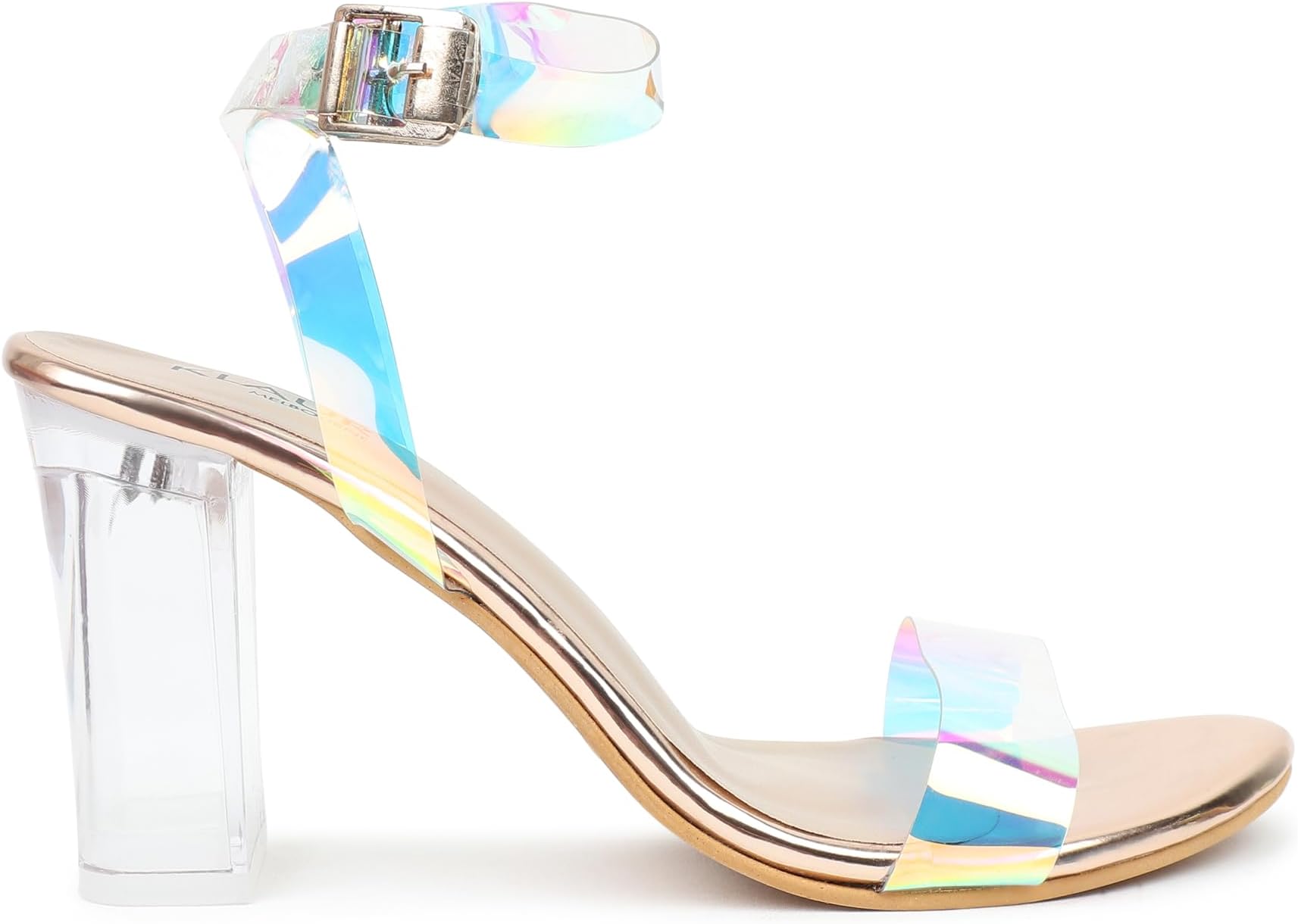 | Iridescent Gold Holographic Ankle Strap Block Heels