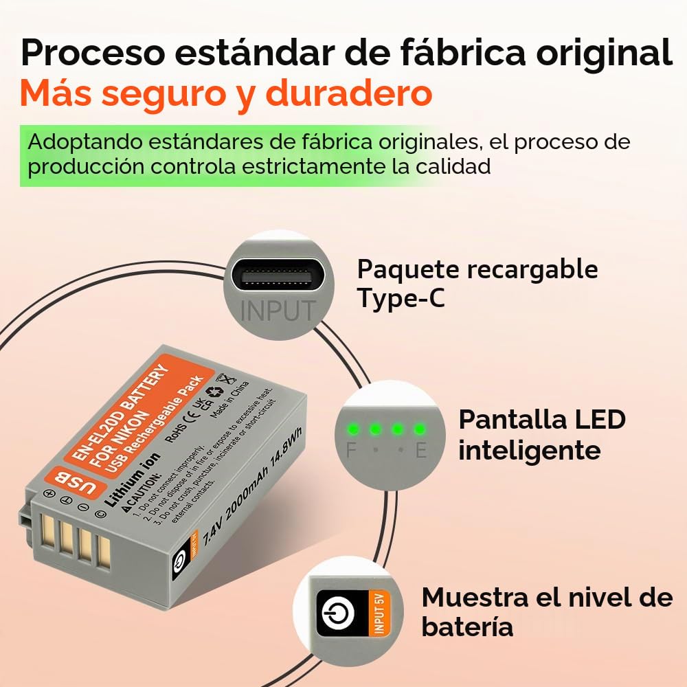 2Pcs ENEL20 EN-EL20a Baterías de Repuesto con LED y Cable de Carga USB-C para Nikon Coolpix P950, P1000, P1100, Coolpix A, 1 J1, 1 J2, 1 J3, 1 S1, 1 V3, DL24-500, 1 AW1
